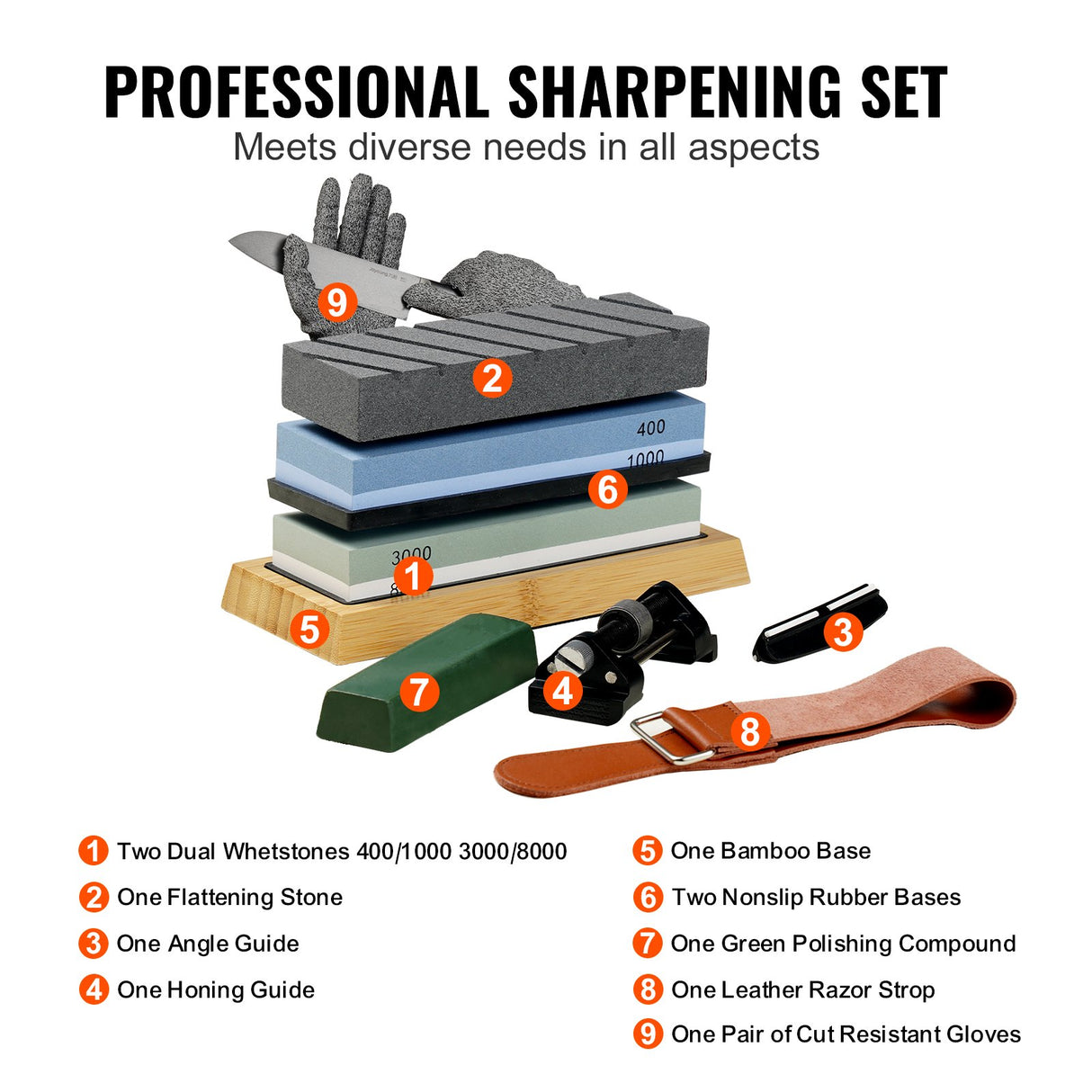 VEVOR Whetstone Knife Sharpening Kit, 2 Dual-Sided Grit Whetstones 400/1000 3000/8000, 10PCS Knife Sharpener Kit with 3 Non-Slip Bases, Angle & Honing