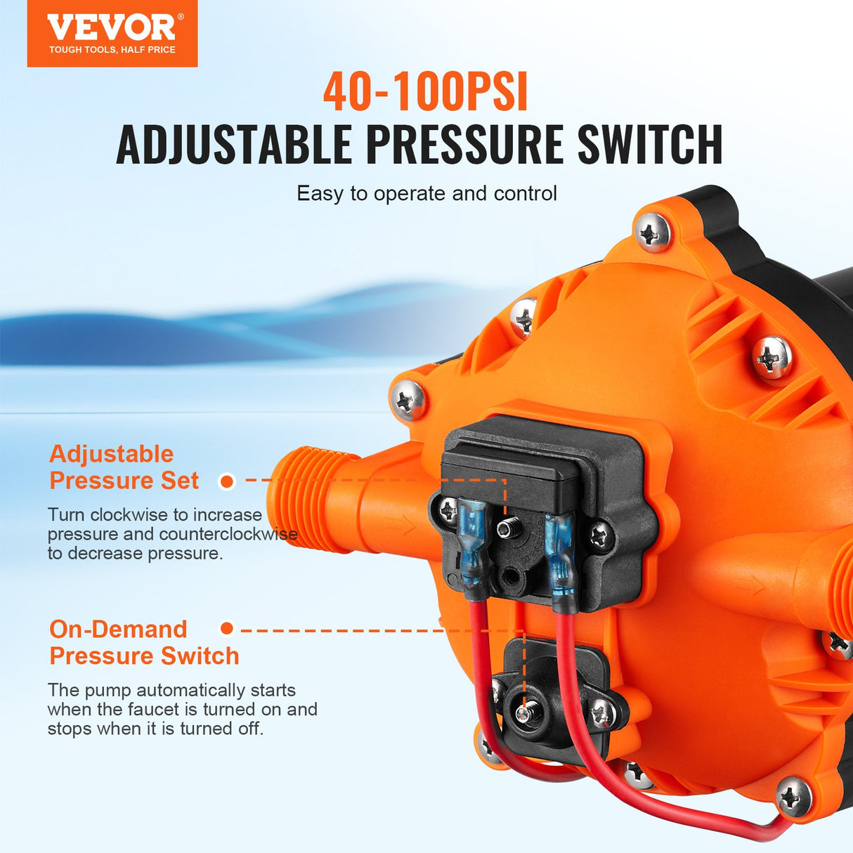 VEVOR Water Diaphragm Pump, 20.8 LPM Flow, 4.8 bar Rated Pressure (2.8-6.9 bar Adjustable), 12.7 mm