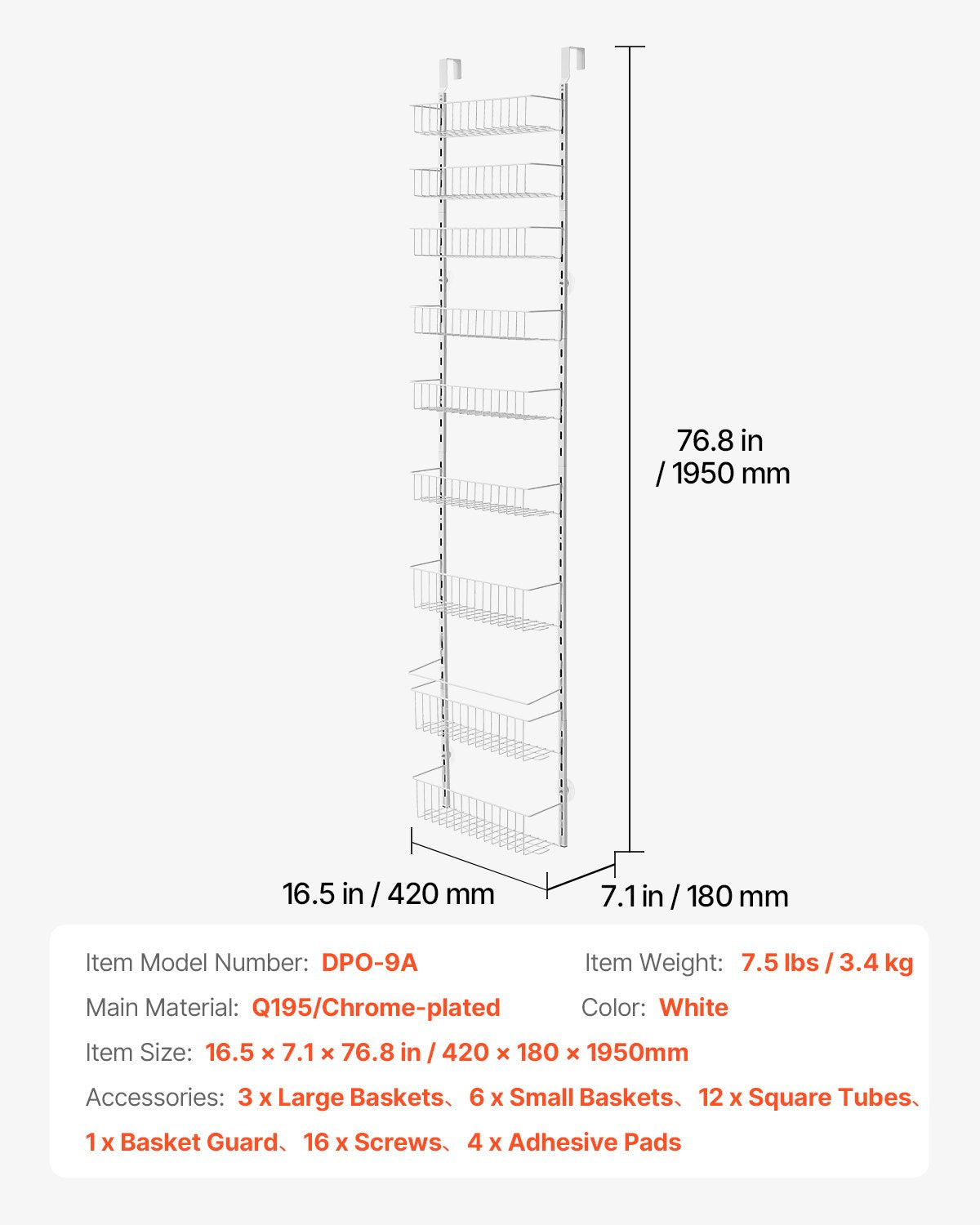 VEVOR Over the Door Pantry Organizer, 9-Tier Pantry Organization and Storage, Heavy-Duty Steel Hanging Spice Rack, Adjustable Wall Seasoning Shelves, for Home Kitchen Laundry Room Bathroom, White