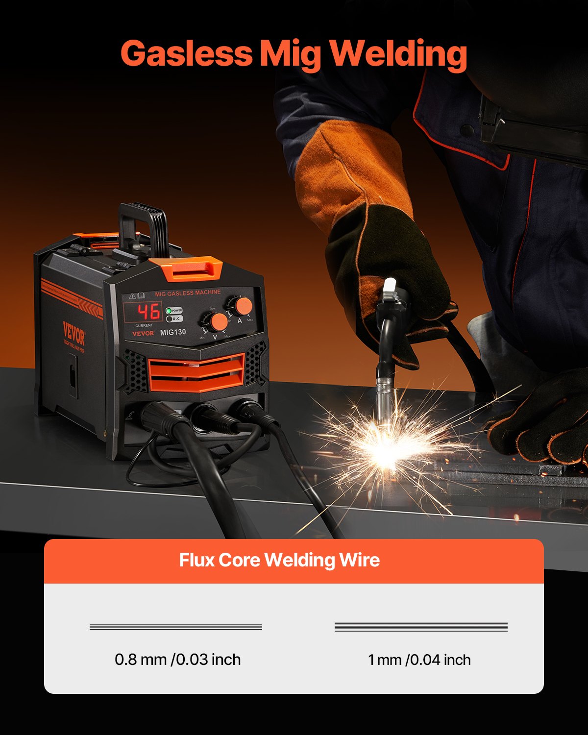 VEVOR MIG Welder 130Amp Gasless Flux Core Mig Welding Machine with IGBT Inverter