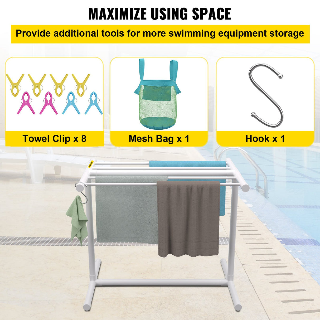 VEVOR Pool Towel Rack, 5 Bar, White, Freestanding Outdoor PVC T-Shape Poolside Storage Organizer, Include 8 Towel Clips, Mesh Bag, Hook, Also Stores