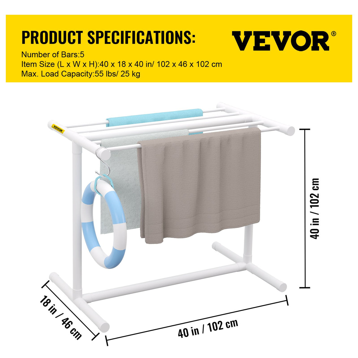 VEVOR Pool Towel Rack, 5 Bar, White, Freestanding Outdoor PVC T-Shape Poolside Storage Organizer, Include 8 Towel Clips, Mesh Bag, Hook, Also Stores
