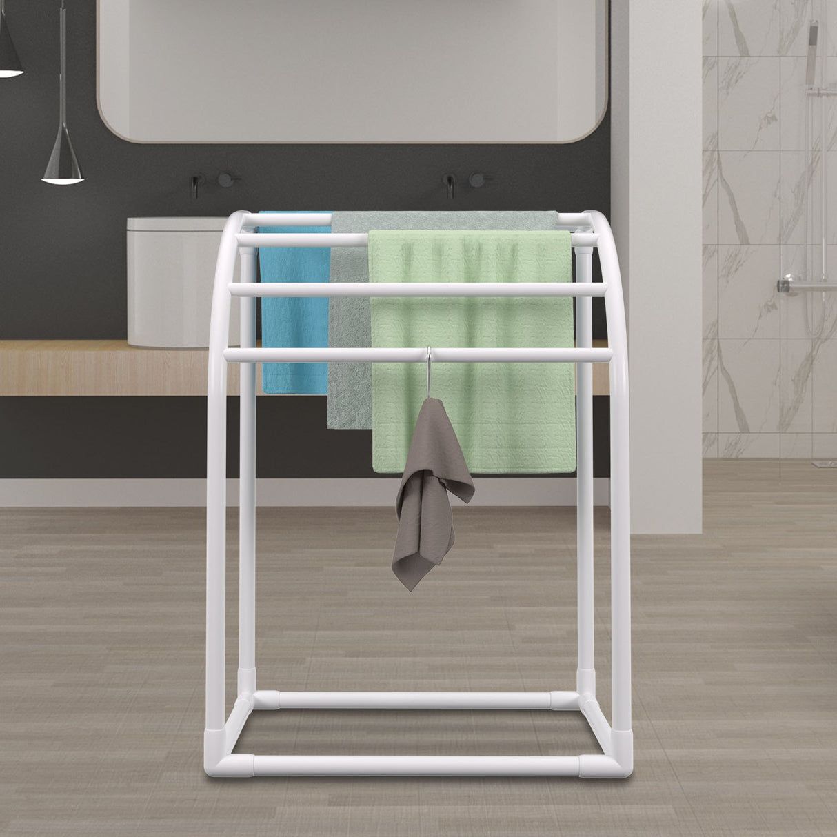 VEVOR Pool Towel Rack, 5 Bar, Milky, Freestanding Outdoor PVC Curved Poolside Storage Organizer, Include 8 Towel Clips, Mesh Bag, Hook, Also Stores Floats and Paddles, for Beach, Swimming Pool, Home