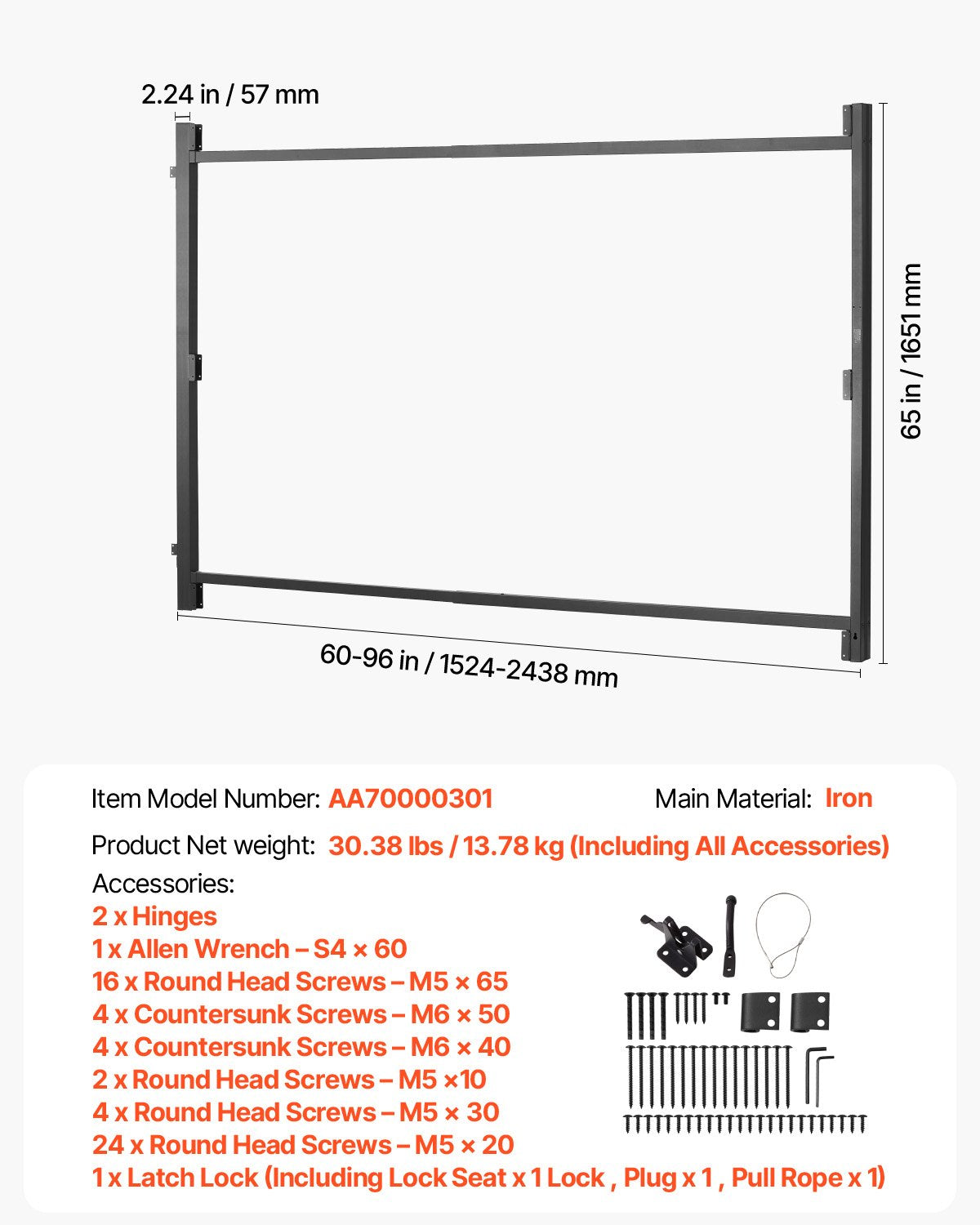 Gate Building Kit, Fits 152.4 to 243.8 cm Wide Openings, Up from 182.9 to 213.4 cm High Fence, Adjustable Gate Building Kit, Anti Sag Full Gate Frame Kit with Latch Lock, for Wooden Fence, Iron