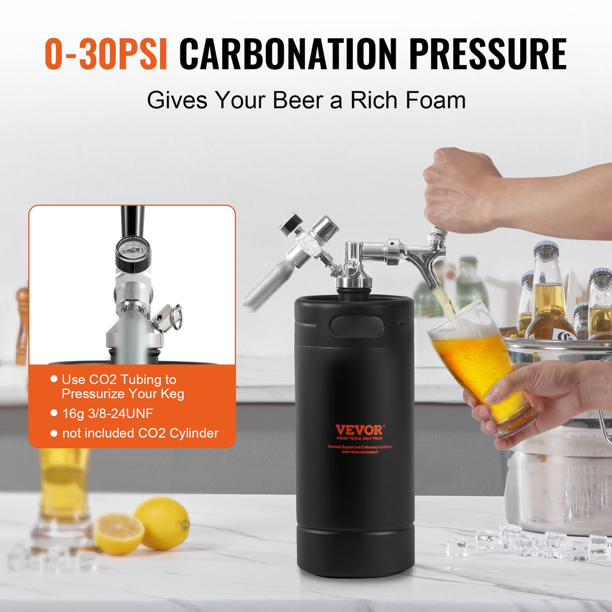 VEVOR Beer Growler Tap System, 4L Mini Keg, 304 Stainless Steel Pressurized Beer Growler, Keg Growler with Pressure Display, CO2 Regulator Faucet,