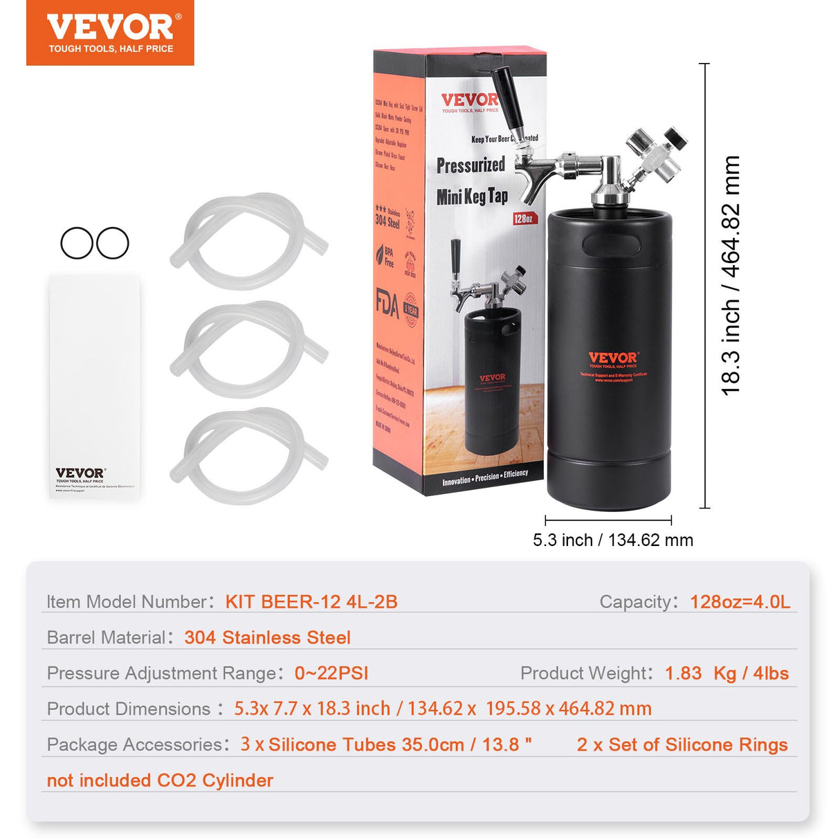 VEVOR Beer Growler Tap System, 4L Mini Keg, 304 Stainless Steel Pressurized Beer Growler, Keg Growler with Pressure Display, CO2 Regulator Faucet,