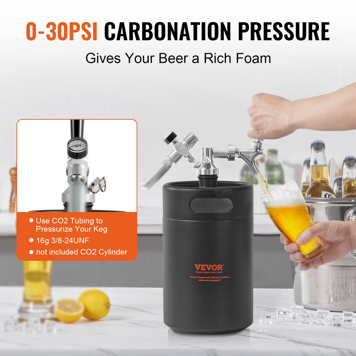 VEVOR Beer Growler Tap System, 5L Mini Keg, 304 Stainless Steel Pressurized Beer Growler, Keg Growler with Pressure Display, CO2 Regulator Faucet,