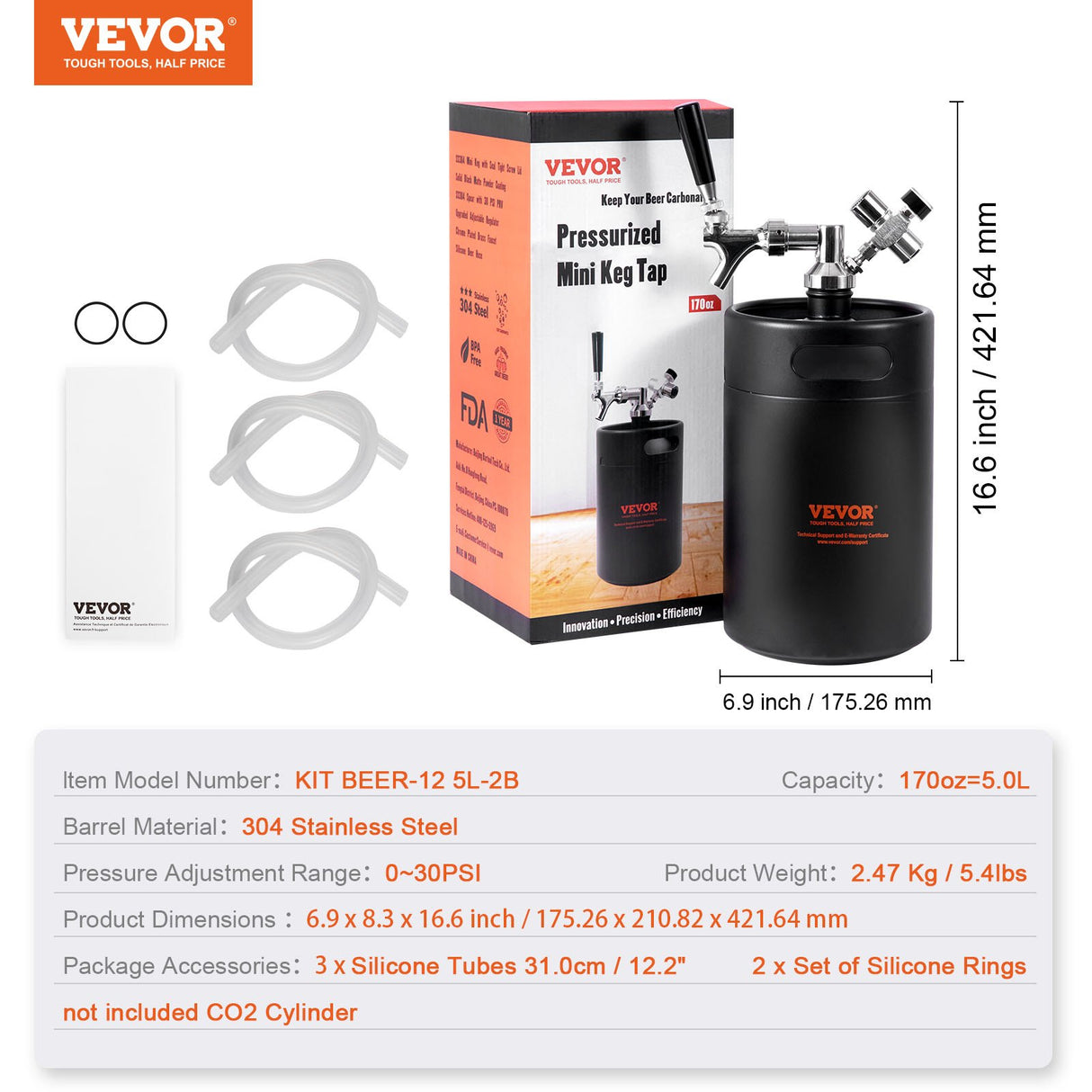 VEVOR Beer Growler Tap System, 5L Mini Keg, 304 Stainless Steel Pressurized Beer Growler, Keg Growler with Pressure Display, CO2 Regulator Faucet,