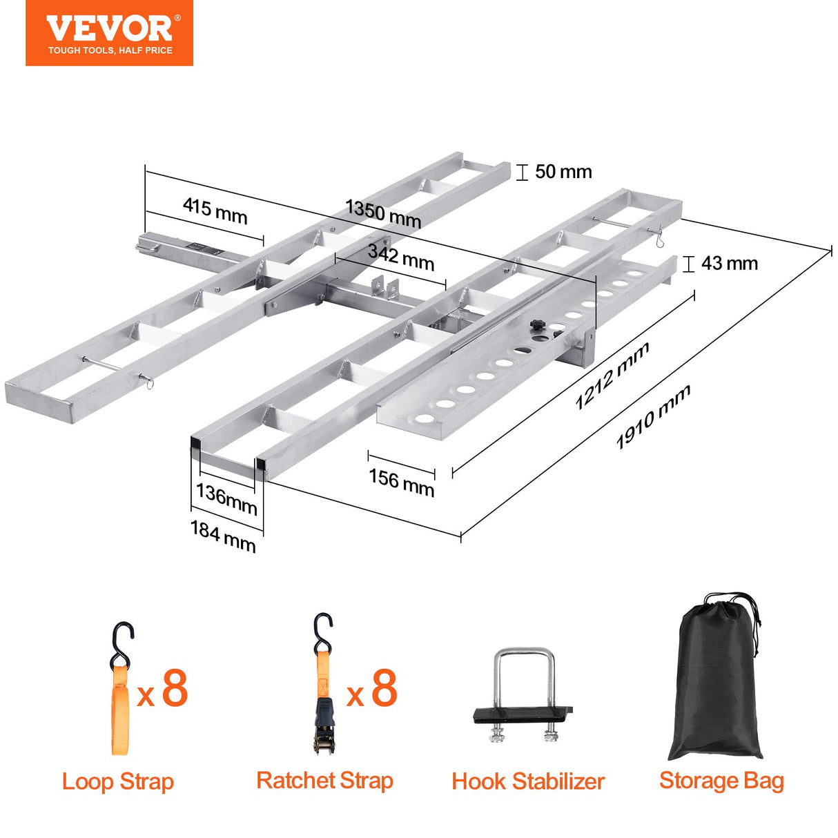 VEVOR Motorcycle Carrier, 2-Bike 272.15KGS Aluminum Motorcycle Carrier Hitch Mount, Loading Ramp, Sc