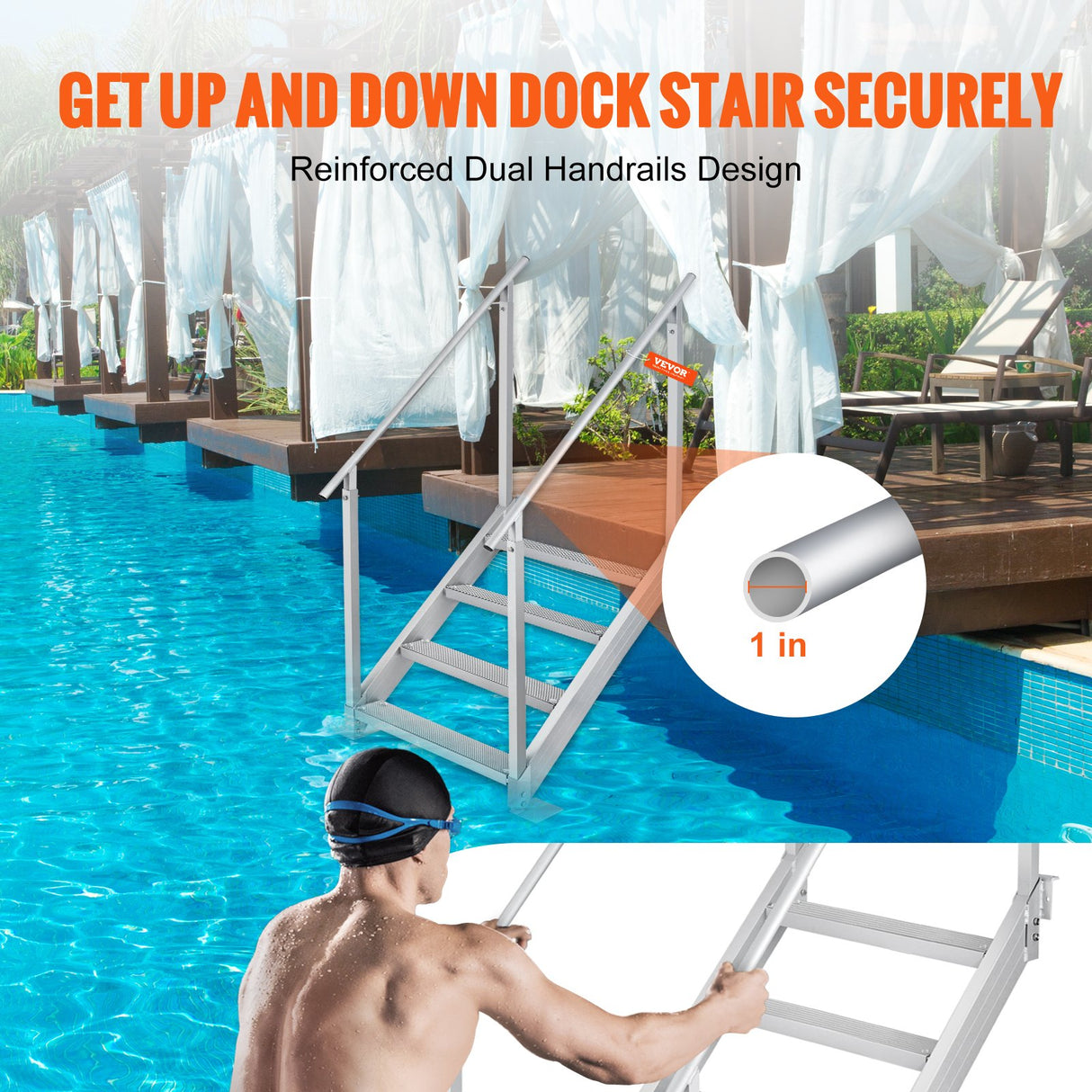 Dock Ladder 4 Step, Dock Stairs 30''-38'' Adjustable Height, 227 kgs Load Capacity, Aluminum Pontoon Boat Ladder with Dual Handrails & Nonslip Mat for Ship/Lake/Pool/Marine Boarding
