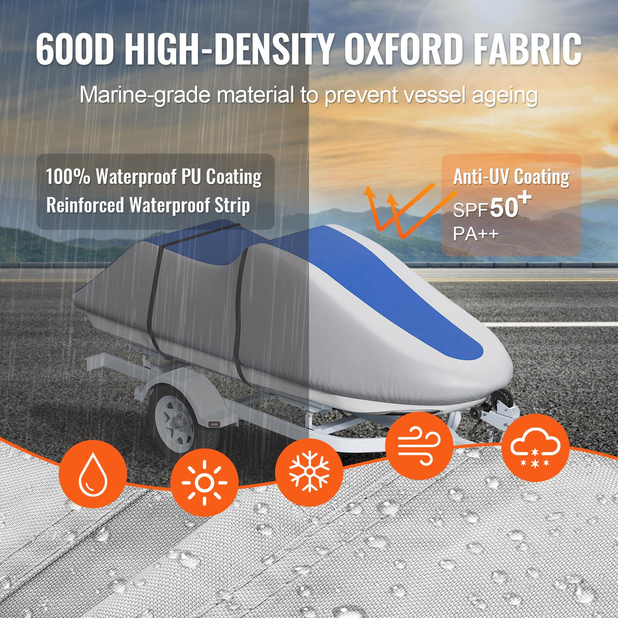 Jet Ski Cover 320-342 cm Trailerable Waterproof PWC Cover, Heavy-duty 600D Marine Grade PU Oxford Fabric, UV Resistant Seadoo Cover with Buckle Straps, Personal Watercraft Covers, Grey+Blue