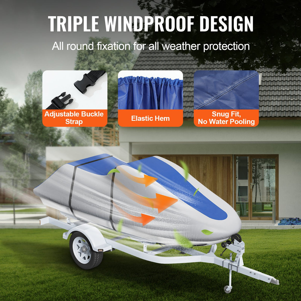 VEVOR Jet Ski Cover 320-342 cm Trailerable Waterproof PWC Cover, Heavy-duty 600D Marine Grade PU Oxford Fabric, UV Resistant Seadoo Cover with Buckle Straps, Personal Watercraft Covers, Grey+Blue