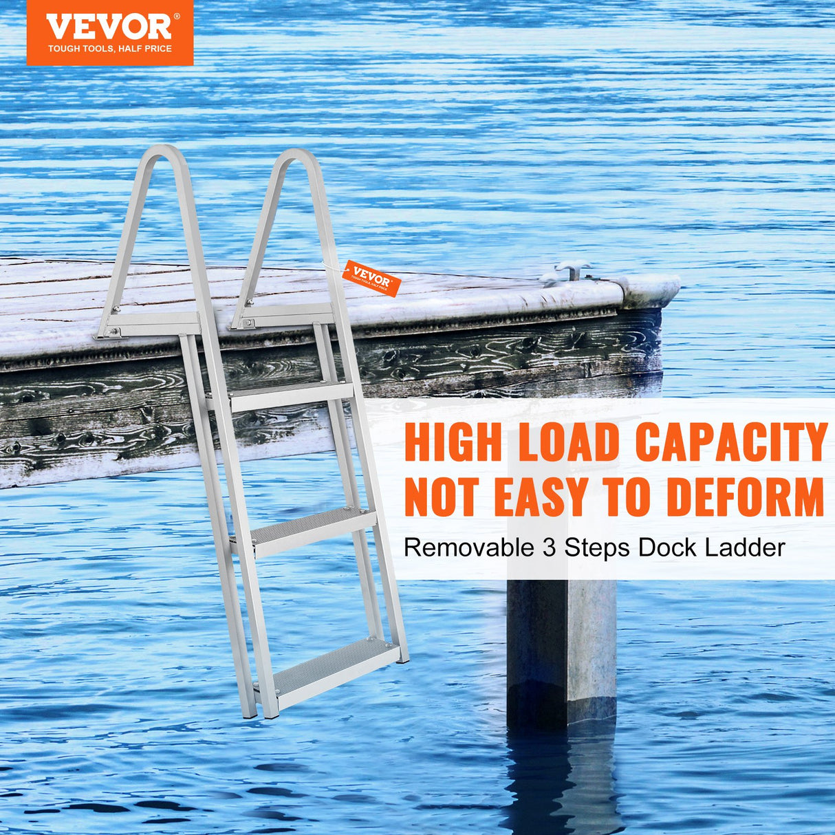 VEVOR Dock Ladder, Removable 3 Steps, 159 kg Load Capacity, Aluminum Alloy Pontoon Boat Ladder with 101.6 mm Wide Step & Nonslip Rubber Mat, Easy to