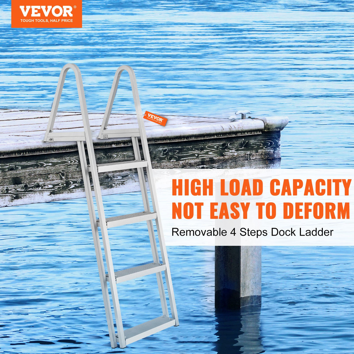 VEVOR Dock Ladder, Removable 4 Steps, 350 lbs Load Capacity, Aluminum Alloy Pontoon Boat Ladder with 4'' Wide Step & Nonslip Mat, Easy to Install for Ship/Lake/Pool/Marine Boarding