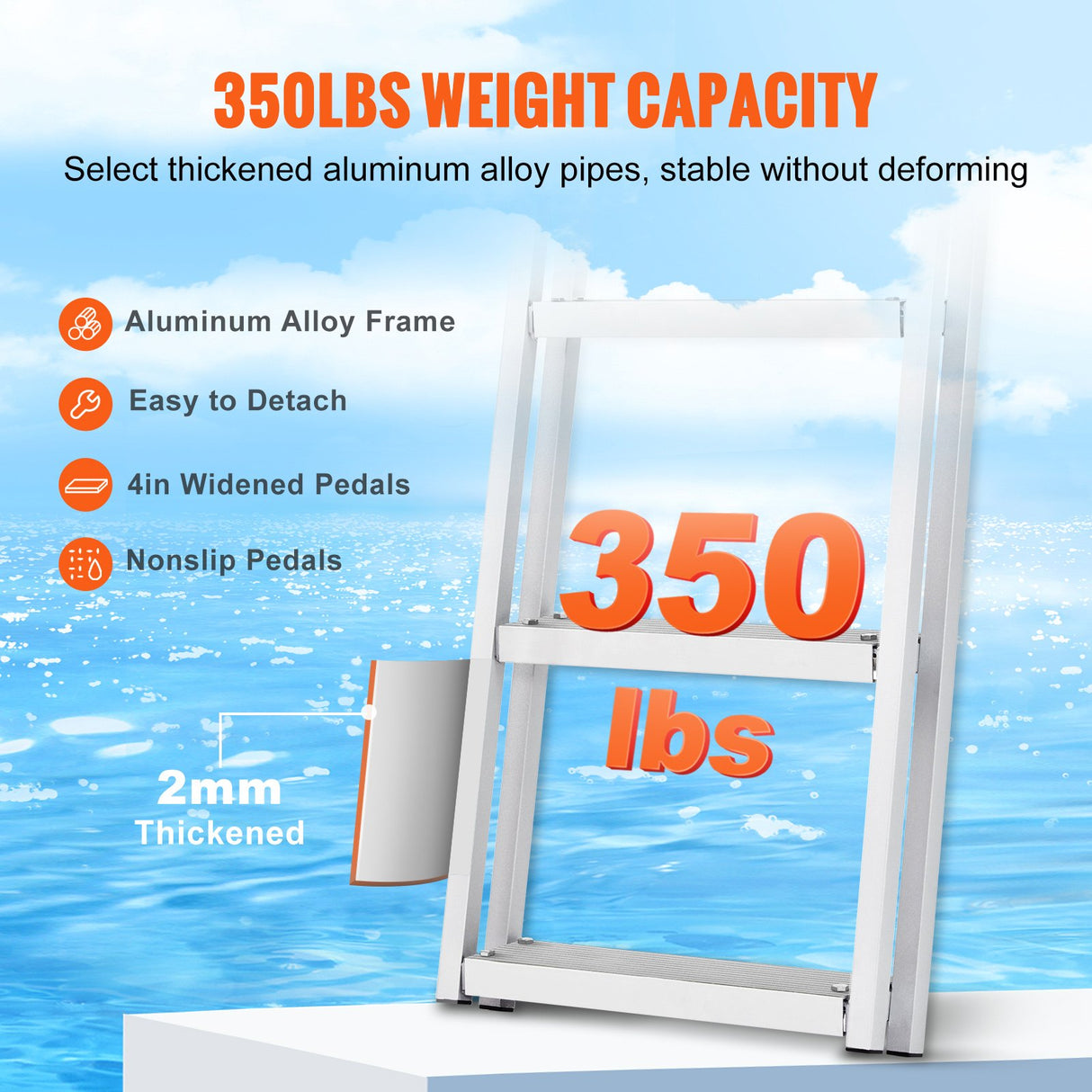 VEVOR Dock Ladder, Removable 4 Steps, 350 lbs Load Capacity, Aluminum Alloy Pontoon Boat Ladder with 4'' Wide Step & Nonslip Mat, Easy to Install for