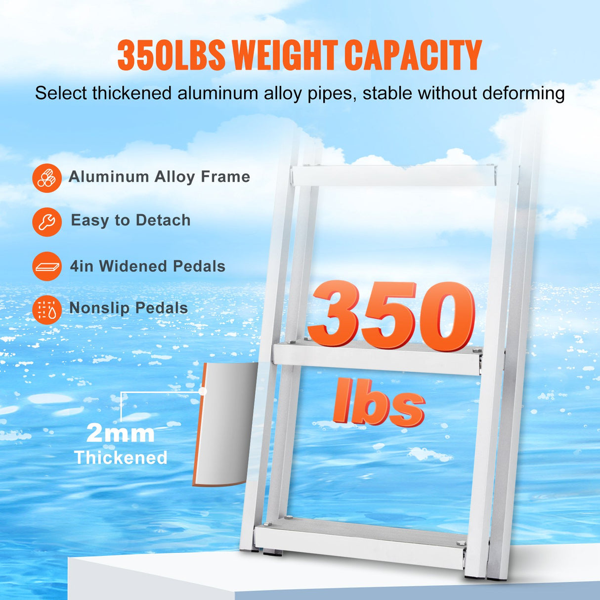 VEVOR Dock Ladder Flip Up 5 Steps, 350lbs Load Capacity, Aluminum Pontoon Boat Ladder with 4" Wide Step & Nonslip Rubber Mat,Swimm Step Ladder for