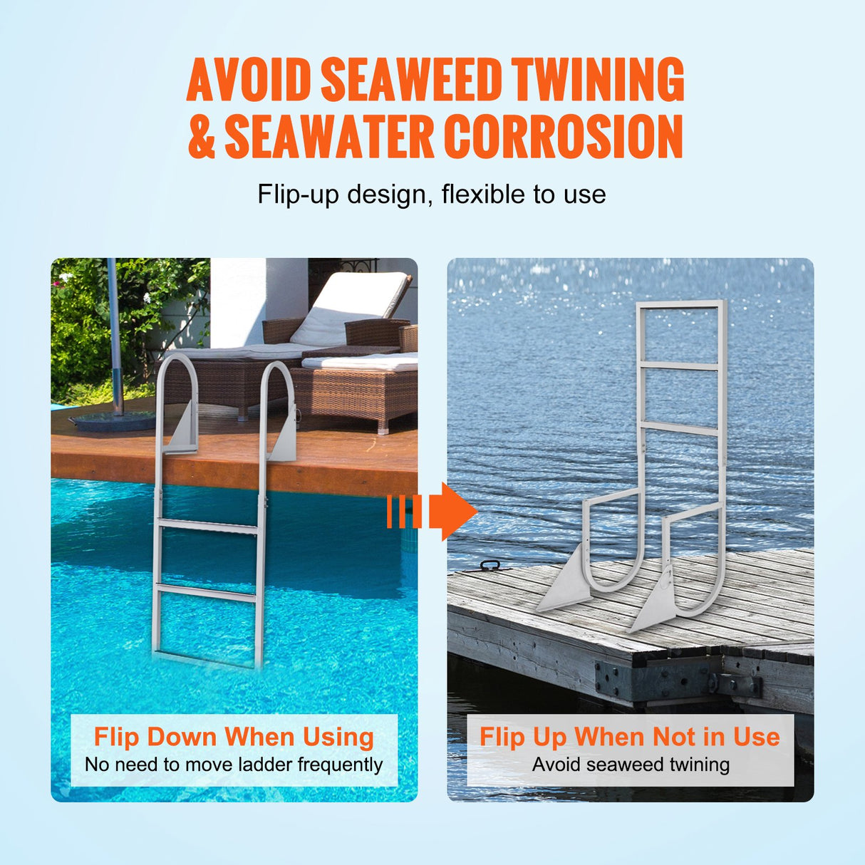 VEVOR Dock Ladder, Flip-Up 3 Steps, 159 kg Load Capacity, Aluminum Alloy Pontoon Boat Ladder with 50.8 mm Wide Step & Nonslip Rubber Mat, Easy to
