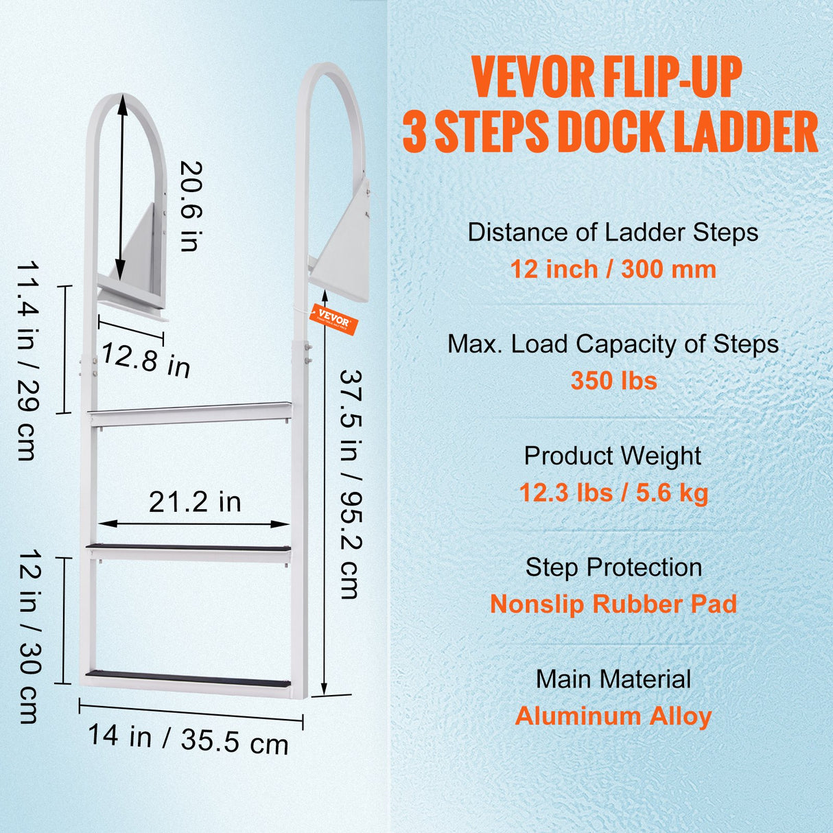 VEVOR Dock Ladder, Flip-Up 3 Steps, 159 kg Load Capacity, Aluminum Alloy Pontoon Boat Ladder with 50.8 mm Wide Step & Nonslip Rubber Mat, Easy to