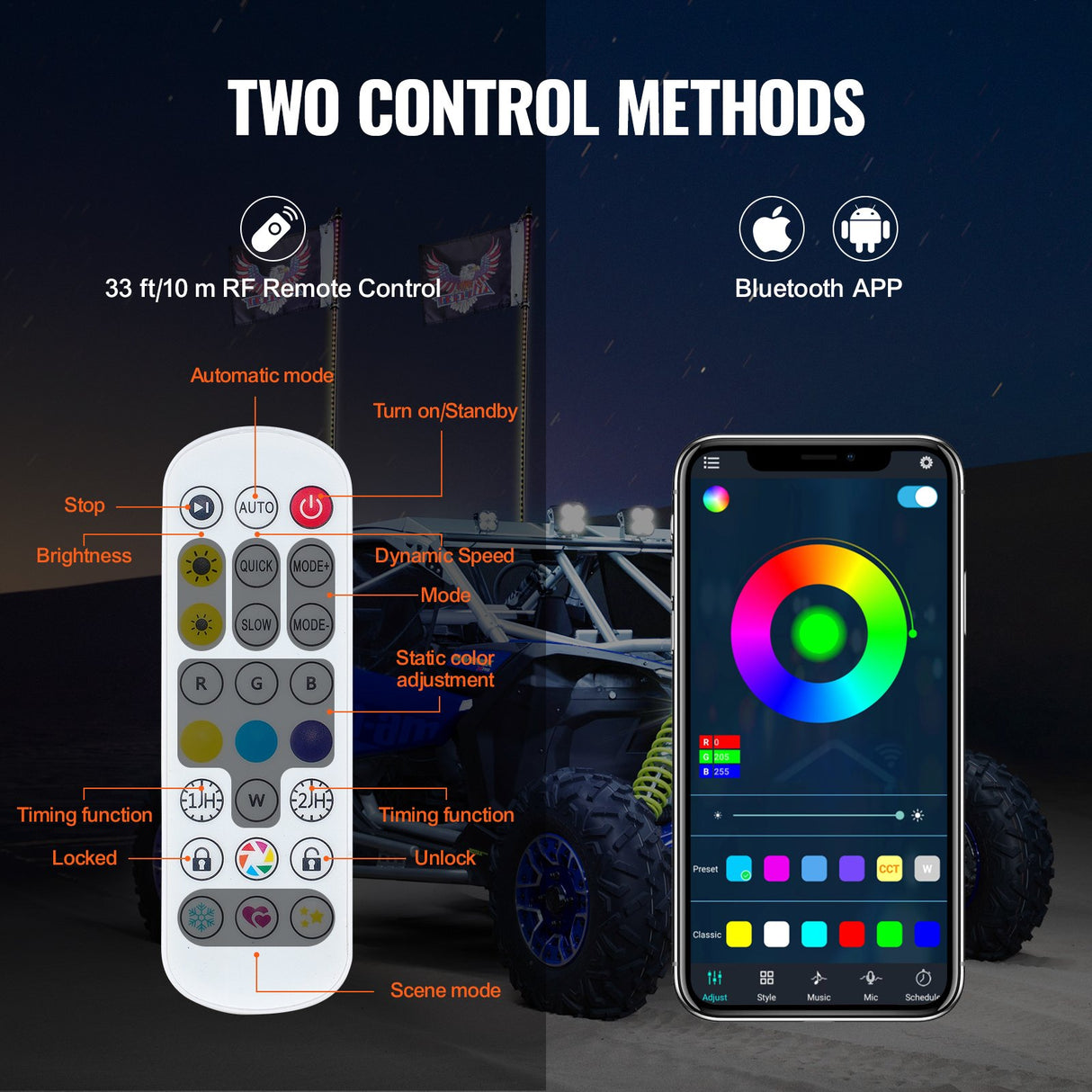 VEVOR 2 PCS 3 FT Whip Light, APP & RF Remote Control Led Whip Light, Waterproof RGB Chasing Lighted Whips with 4 Flags, for UTVs, ATVs, Motorcycles,
