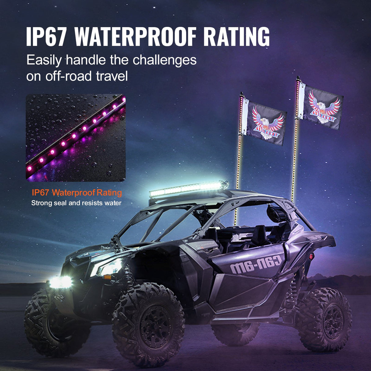 VEVOR 2 PCS 3 FT Whip Light, APP & RF Remote Control Led Whip Light, Waterproof RGB Chasing Lighted Whips with 4 Flags, for UTVs, ATVs, Motorcycles,