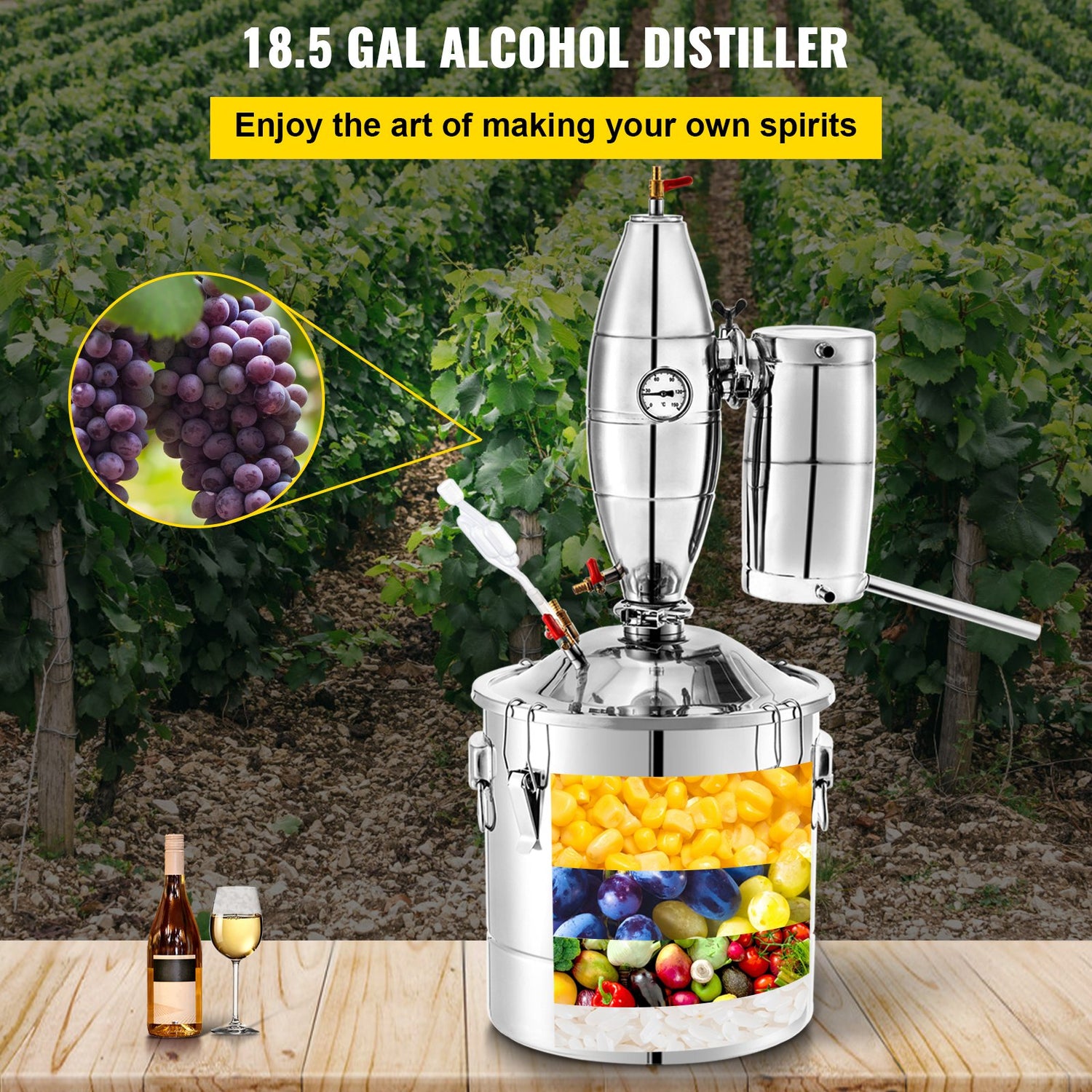 VEVOR Alcohol Distiller 70L Alcohol Still Whiskey Distillery Kit Home Moonshine Still with Thermometer and Fermentation Tank for Alcohol Distilling