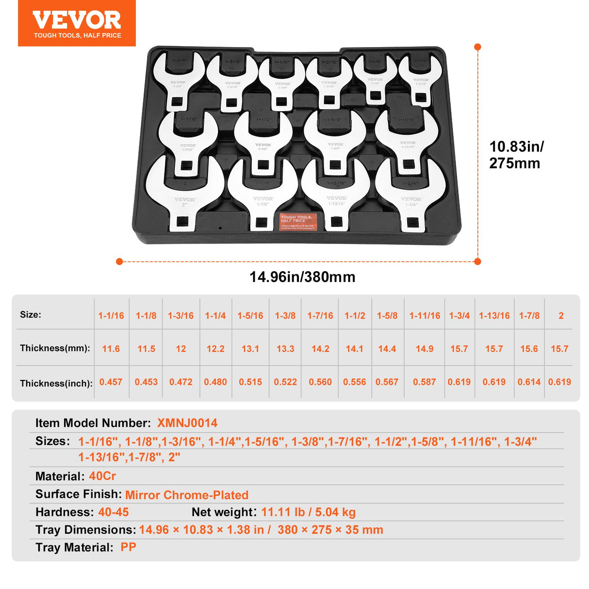 VEVOR Crowfoot Wrench Set, 1/2" Drive 14-Piece SAE (1-1/16" - 2") Crows Foot Wrench Set with Storage Tray, 40CR Material with Laser Etched Sizing, for