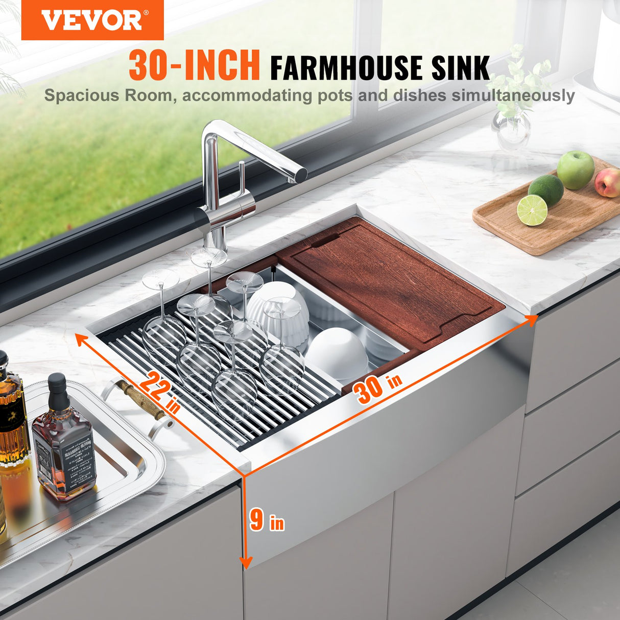 VEVOR Farmhouse Kitchen Sink, 304 Stainless Steel Drop-In Sinks, Top Mount Single Bowl Basin with Ledge & Accessories, Household Dishwasher Sinks for