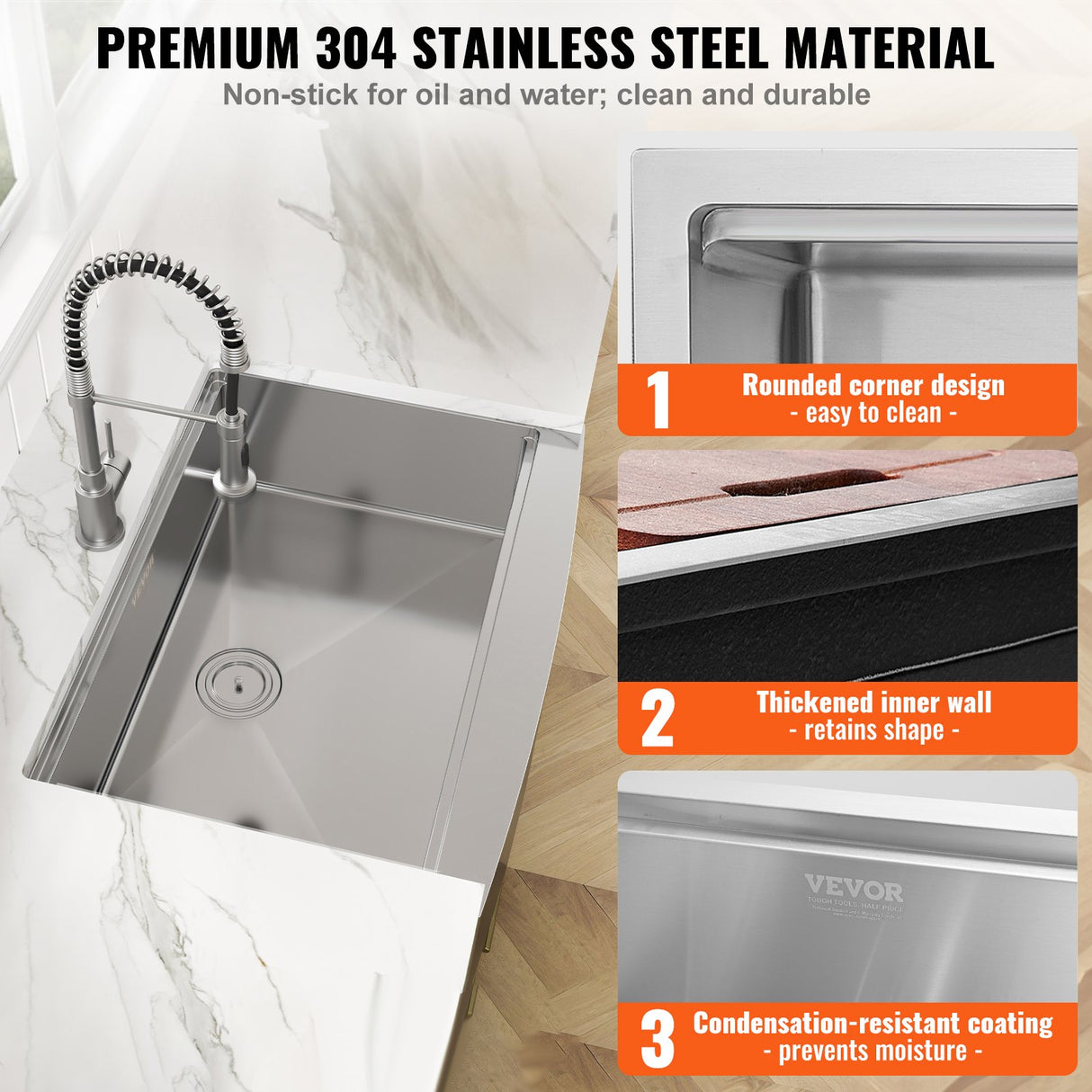 VEVOR Farmhouse Kitchen Sink, 304 Stainless Steel Drop-In Sinks, Top Mount Single Bowl Basin with Ledge & Accessories, Household Dishwasher Sinks for
