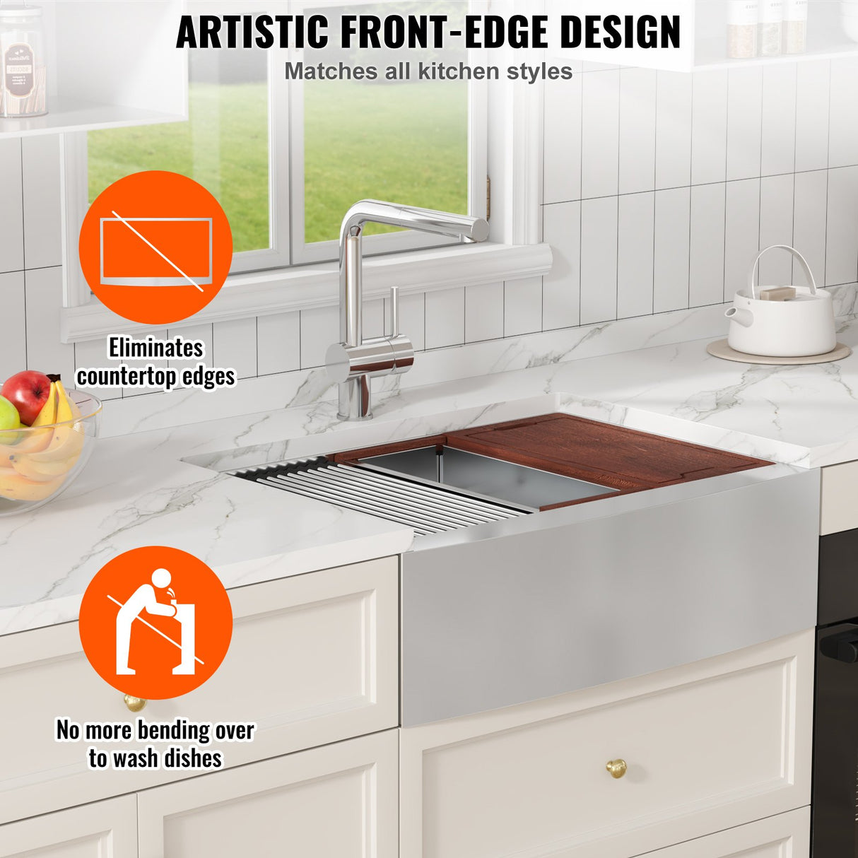 VEVOR Farmhouse Kitchen Sink, 304 Stainless Steel Drop-In Sinks, Top Mount Single Bowl Basin with Ledge & Accessories, Household Dishwasher Sinks for