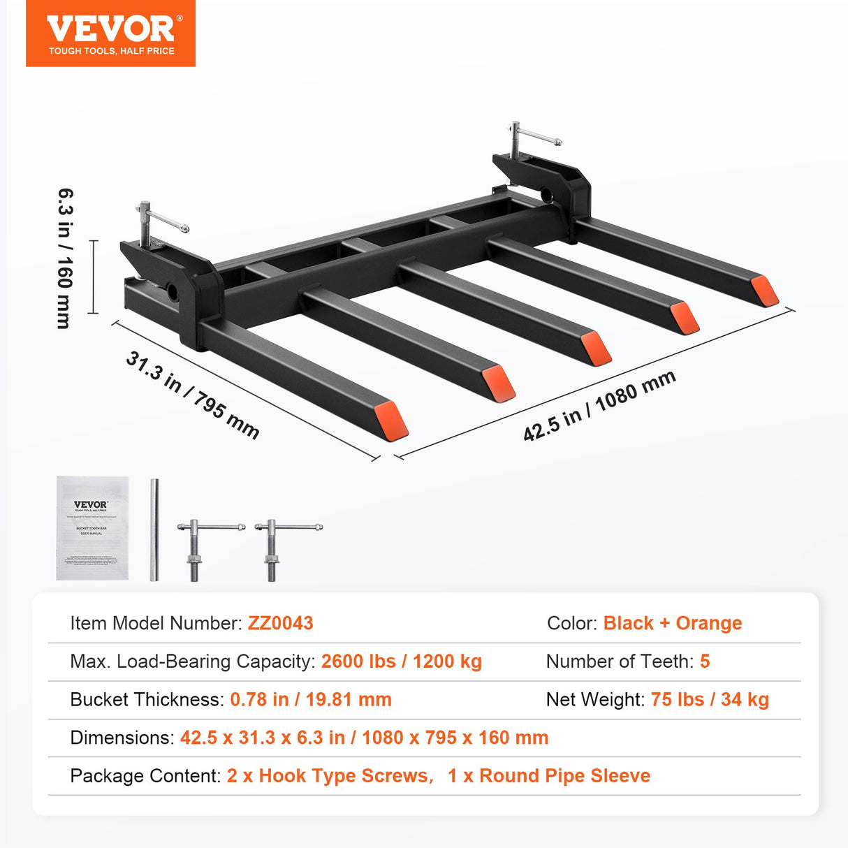 VEVOR Clamp on Debris Forks to 1200 mm Bucket, 1200 kg Capacity Heavy Duty Clamp on Pallet Forks Attachments, Fit for Loader Bucket Skidsteer Tractor