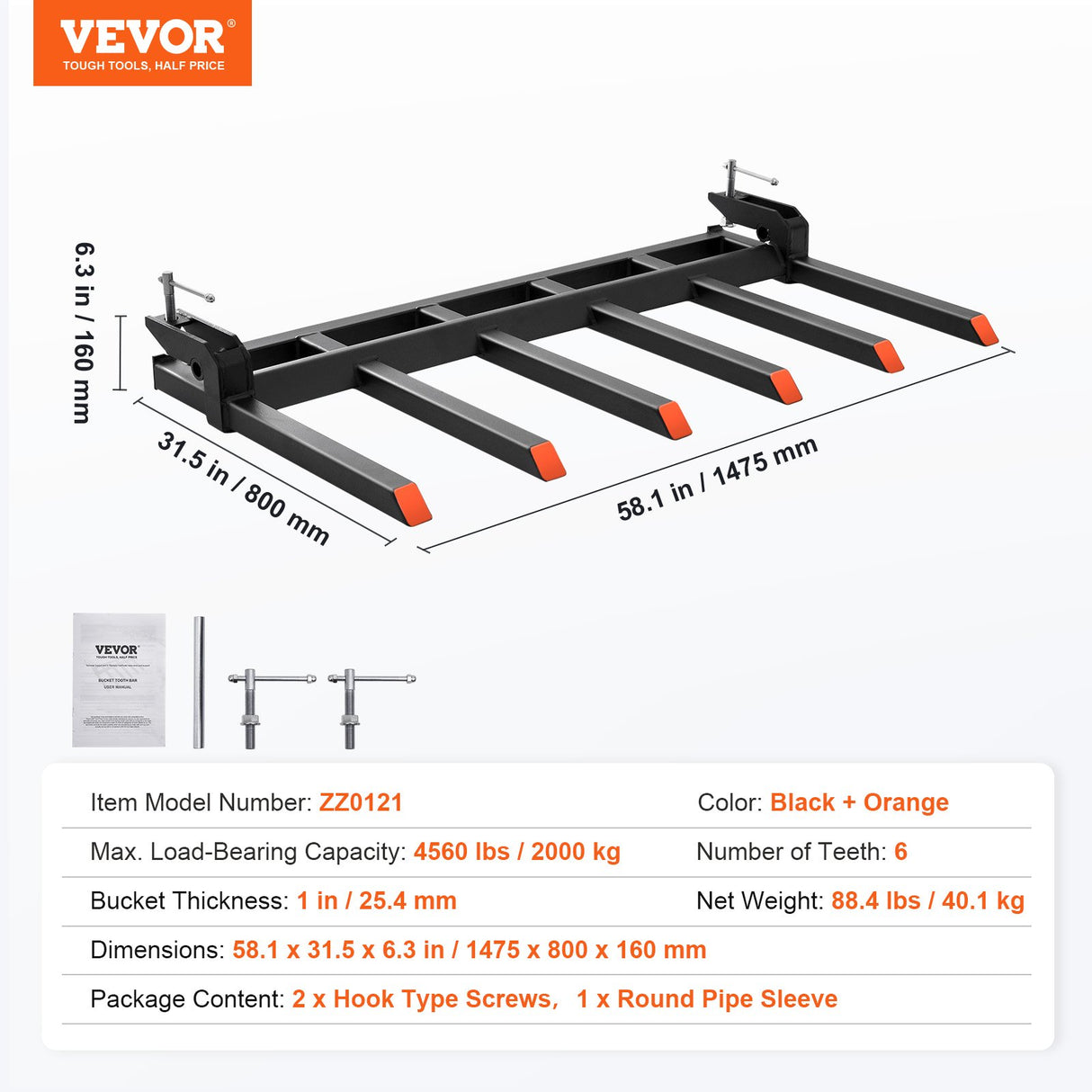 VEVOR Clamp on Debris Forks to 1500 mm Bucket, 2000 kg Capacity Heavy Duty Clamp on Pallet Forks Bucket, Fit for Loader Bucket Skidsteer Tractor to Clean up Fallen Limbs Debris or Yard Wwaste