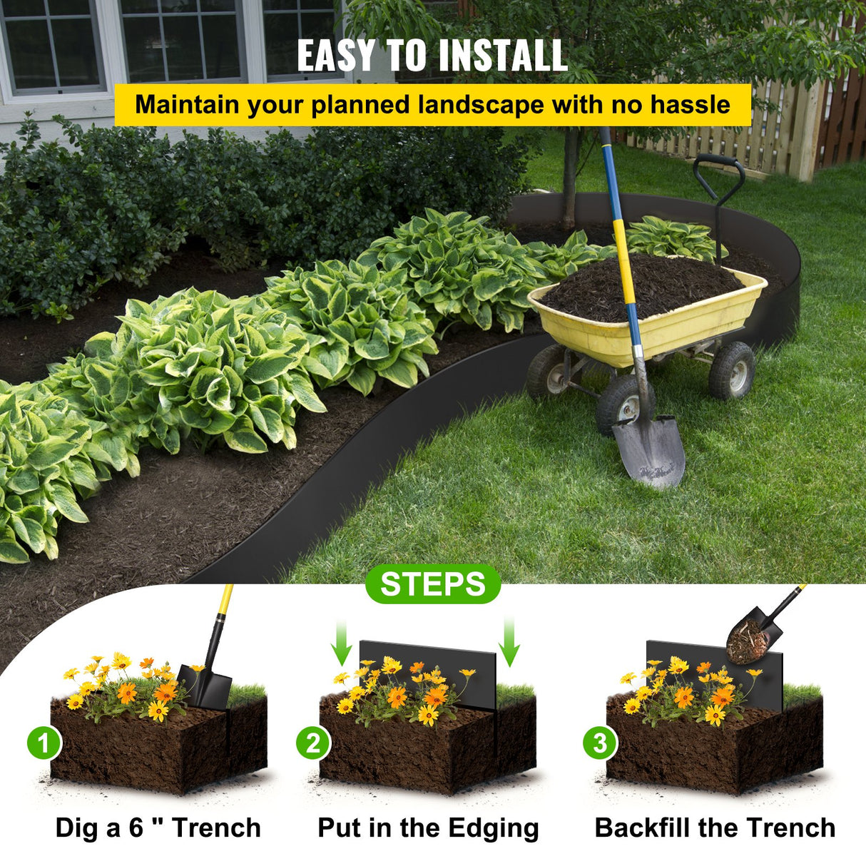 VEVOR Landscape Edging, 25.4cm Depth 91.44m Total Length, Recycled HDPE Coiled Terrace Board, Flexible Bender Border for Landscaping, Lawn, Garden, Yard, Against Invading Weeds, Black