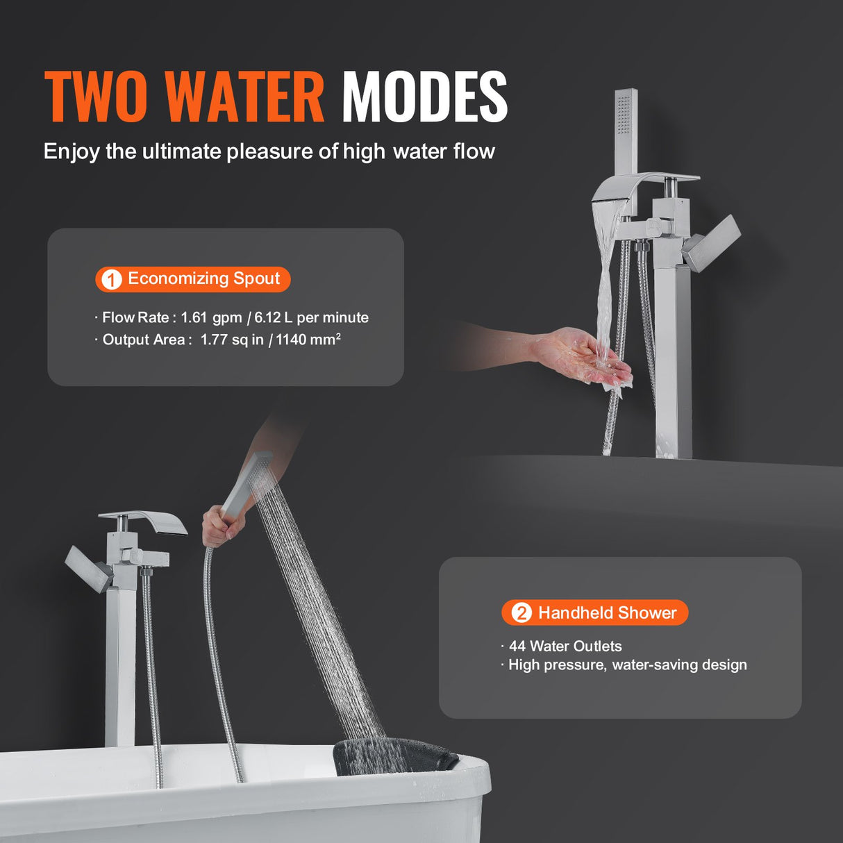 VEVOR Freestanding Bathtub Faucet, Floor Mount, Freestanding Tub Filler, Shower Mixer Taps, Two Water Modes, Swivel Spout, for Bathing & Showering Pet