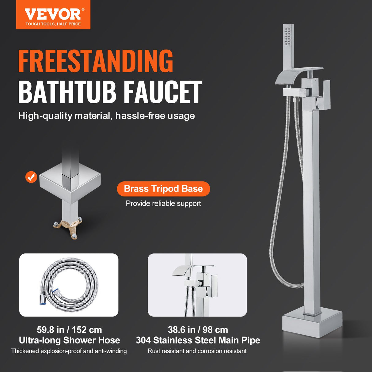 VEVOR Freestanding Bathtub Faucet, Floor Mount, Freestanding Tub Filler, Shower Mixer Taps, Two Water Modes, 360? Swivel Spout, for Bathing &