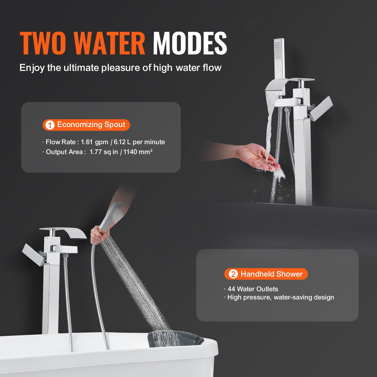 VEVOR Freestanding Bathtub Faucet, Floor Mount, Freestanding Tub Filler, Shower Mixer Taps, Two Water Modes, 360? Swivel Spout, for Bathing &