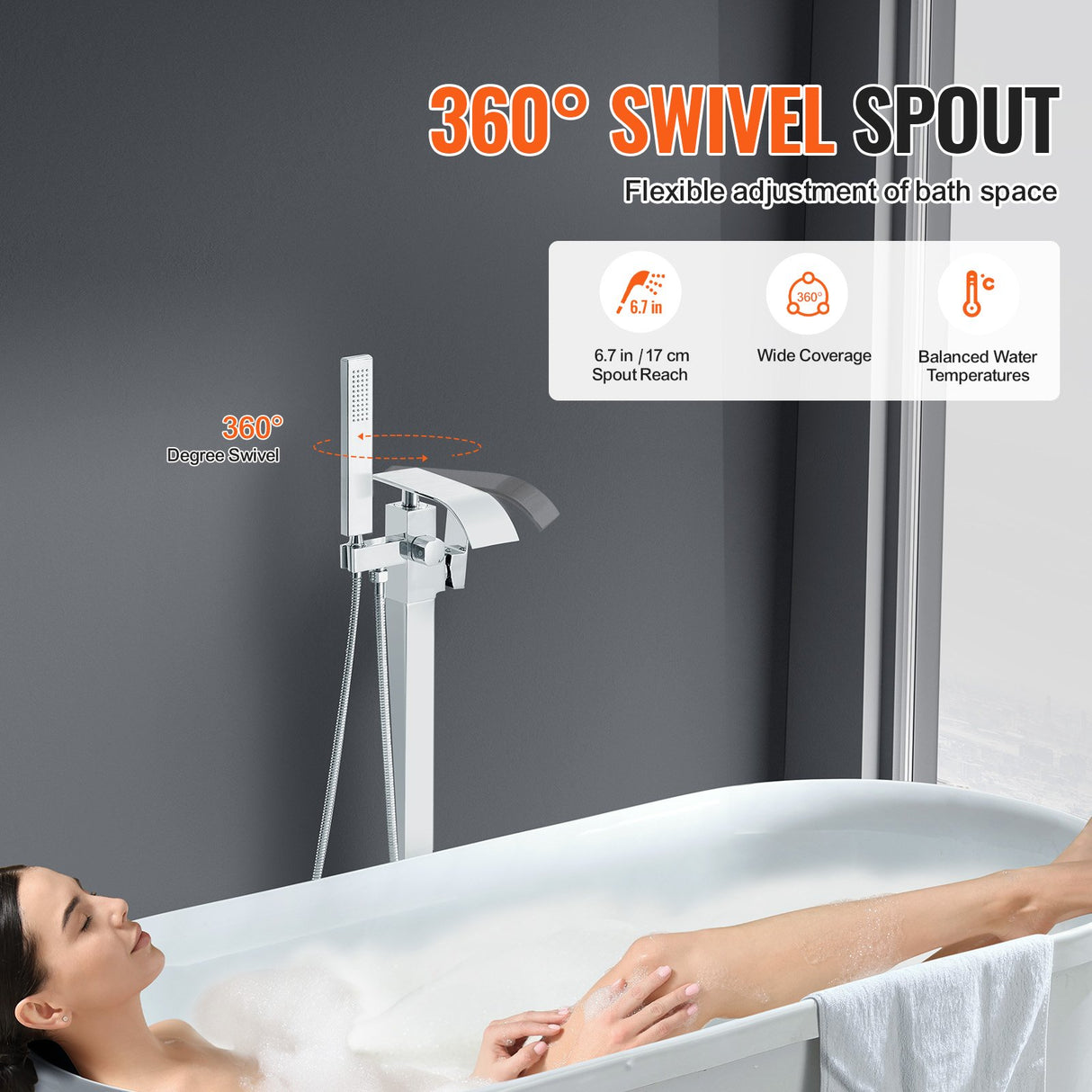 VEVOR Freestanding Bathtub Faucet, Floor Mount, Freestanding Tub Filler, Shower Mixer Taps, Two Water Modes, 360? Swivel Spout, for Bathing &
