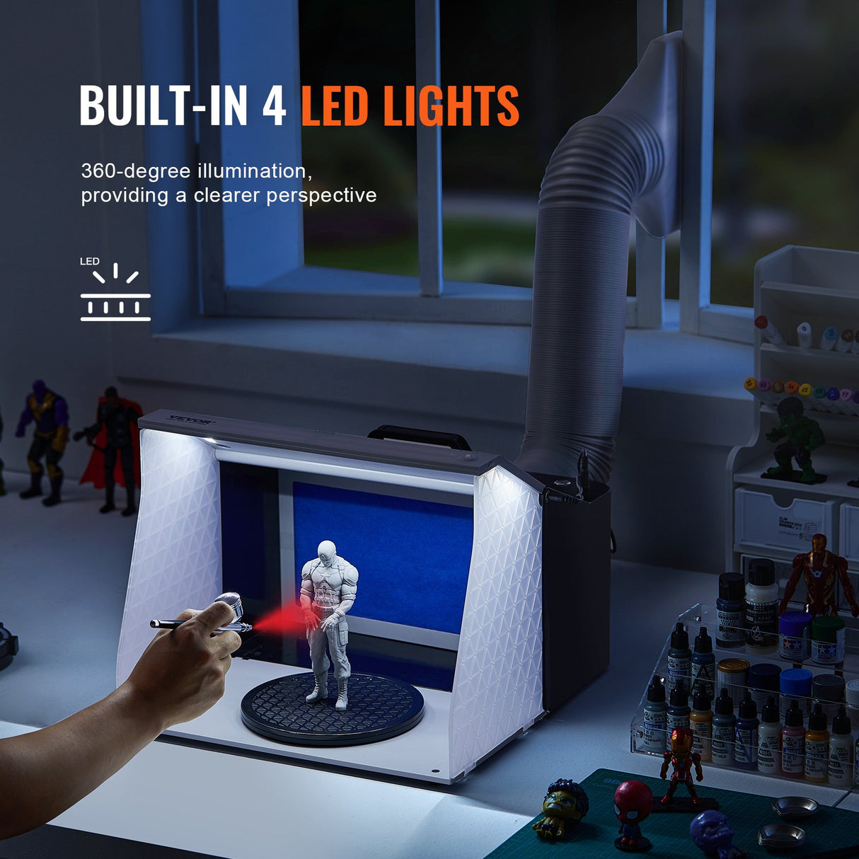 VEVOR Airbrush Spray Booth, Portable Hobby Airbrush Paint Spray Booth Kit with 4 LED Light, Powerful Dual Exhaust Fans, Turntable and 6 ft Extension Hose, for Painting Models, Arts, Crafts, Cakes