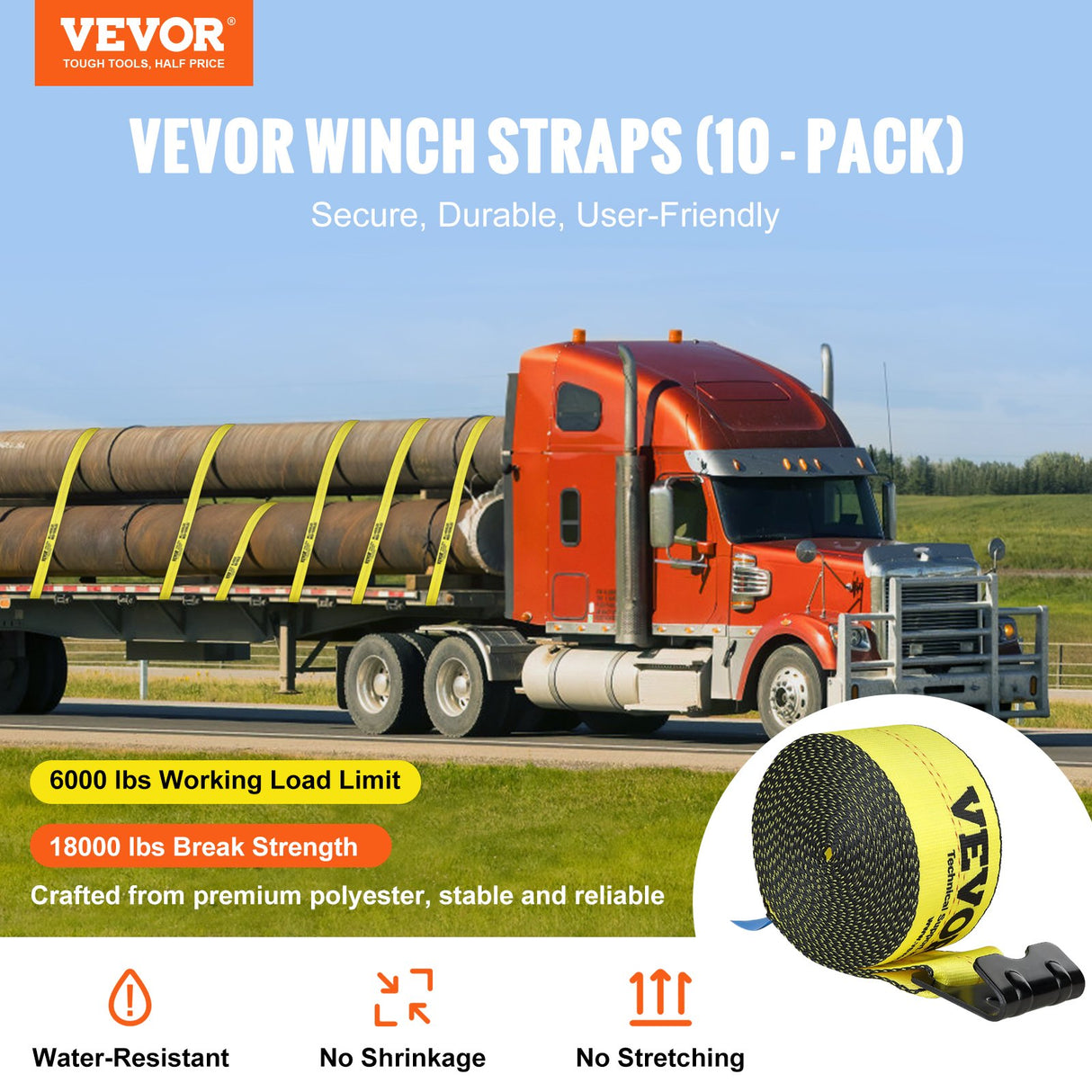 VEVOR Winch Straps, 10.2 cm x 9.1 m, 2.7T Load Capacity, 8.2T Break Strength, Truck Straps with Flat Hook, Flatbed Tie Downs Cargo Control for
