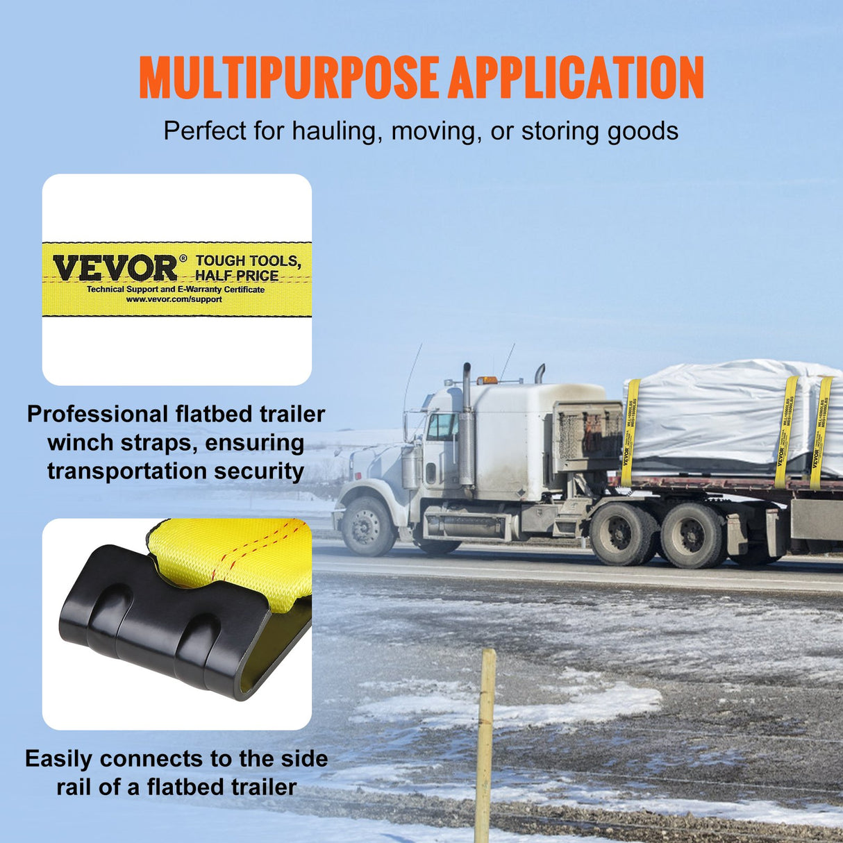 VEVOR Winch Straps, 10.2 cm x 9.1 m, 2.7T Load Capacity, 8.2T Break Strength, Truck Straps with Flat Hook, Flatbed Tie Downs Cargo Control for