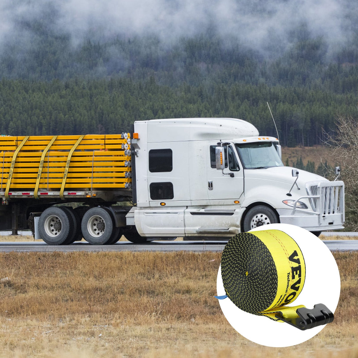 VEVOR Winch Straps, 10.2 cm x 9.1 m, 2.7T Load Capacity, 8.2T Break Strength, Truck Straps with Flat Hook, Flatbed Tie Downs Cargo Control for