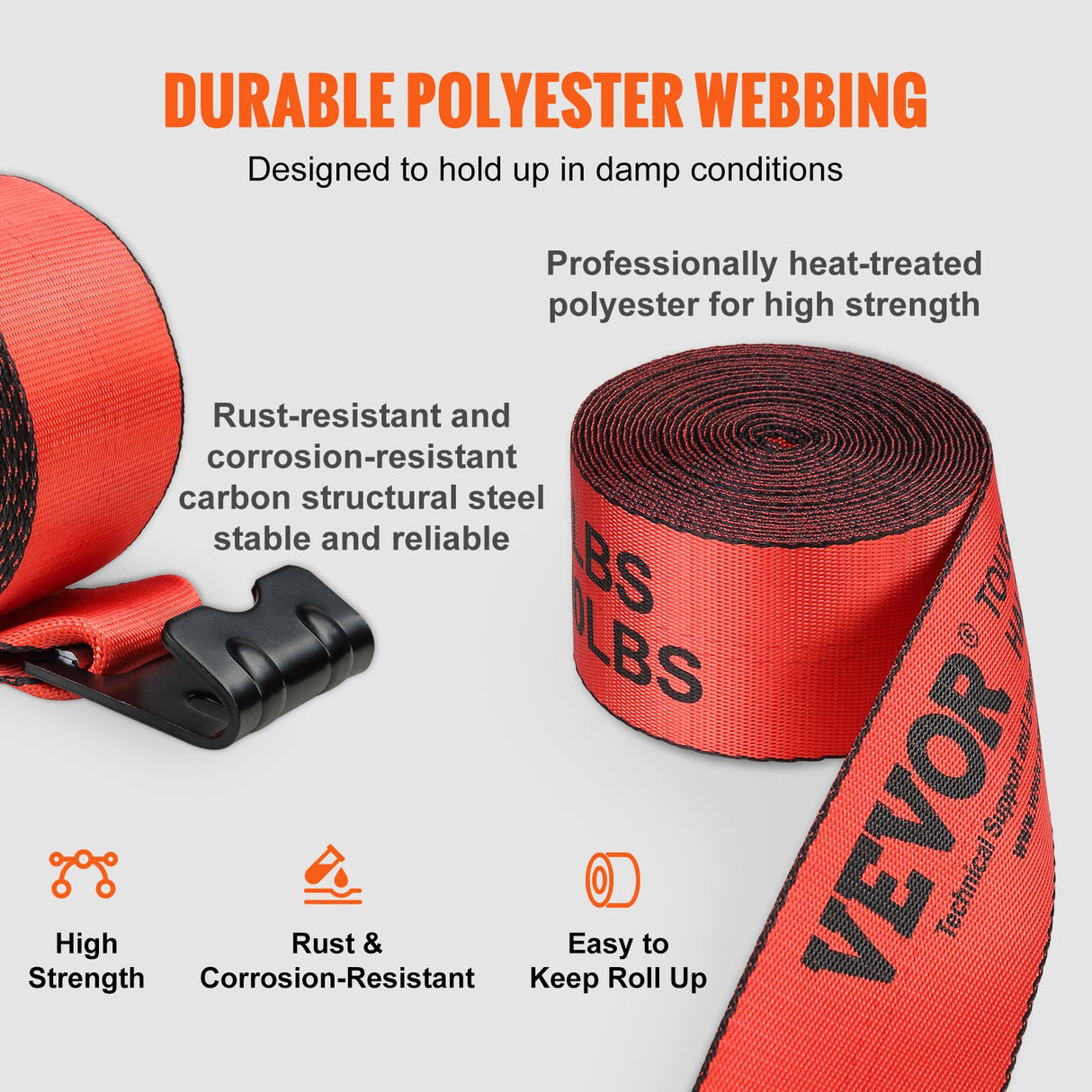 VEVOR Winch Straps, 10.2 cm x 9.1 m, 2.7T Load Capacity, 8.2T Breaking Strength, Truck Straps with Flat Hook, Flatbed Tie Downs Cargo Control for