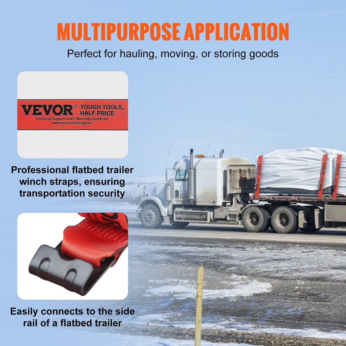 VEVOR Winch Straps, 10.2 cm x 9.1 m, 2.7T Load Capacity, 8.2T Breaking Strength, Truck Straps with Flat Hook, Flatbed Tie Downs Cargo Control for