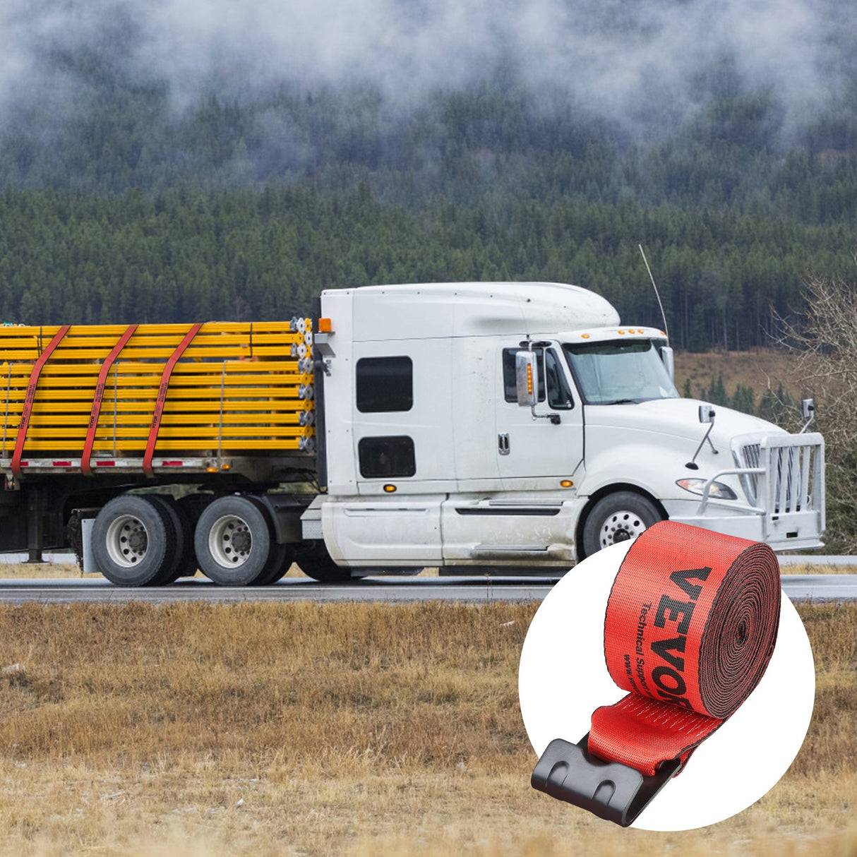 VEVOR Winch Straps, 10.2 cm x 9.1 m, 2.7T Load Capacity, 8.2T Breaking Strength, Truck Straps with Flat Hook, Flatbed Tie Downs Cargo Control for