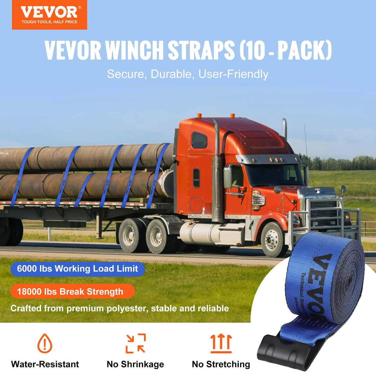 VEVOR Winch Straps, 10.2 cm x 9.1 m, 2.7T Load Capacity, 8.2T Breaking Strength, Truck Straps with Flat Hook, Flatbed Tie Downs Cargo Control for