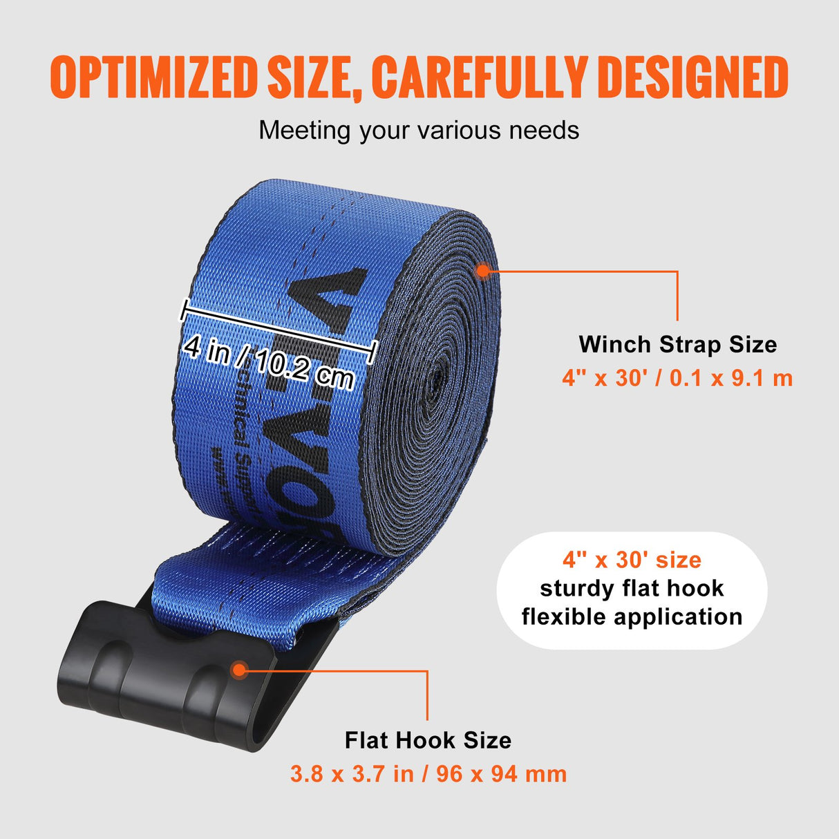 VEVOR Winch Straps, 10.2 cm x 9.1 m, 2.7T Load Capacity, 8.2T Breaking Strength, Truck Straps with Flat Hook, Flatbed Tie Downs Cargo Control for