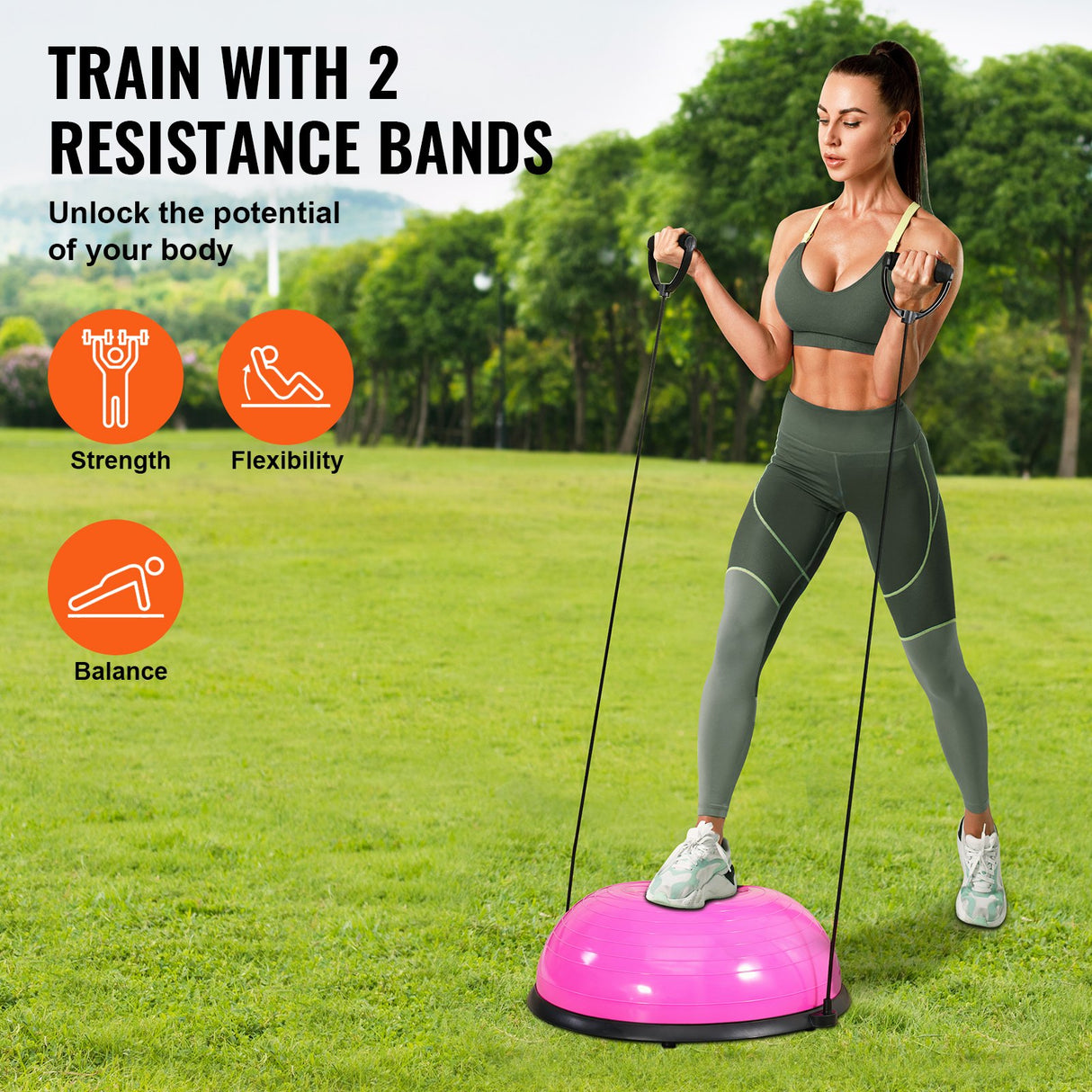 VEVOR Half Exercise Ball Trainer, 23 inch Balance Ball Trainer, 660lbs Capacity Stability Ball, Yoga Ball with Resistance Bands & Foot Pump, Strength