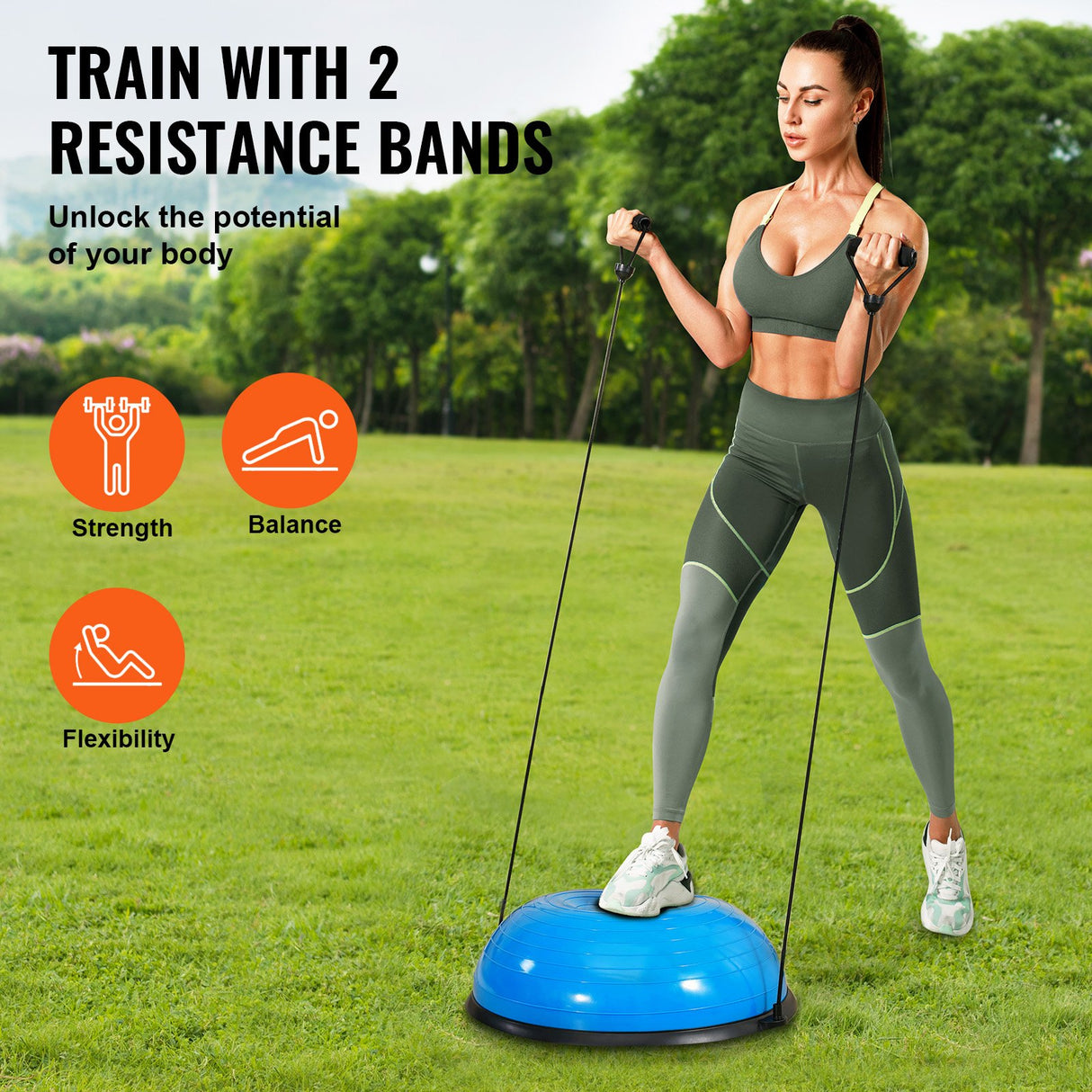 VEVOR Half Exercise Ball Trainer, 23 inch Balance Ball Trainer, 660lbs Capacity Stability Ball, Yoga Ball with Resistance Bands & Foot Pump, Strength
