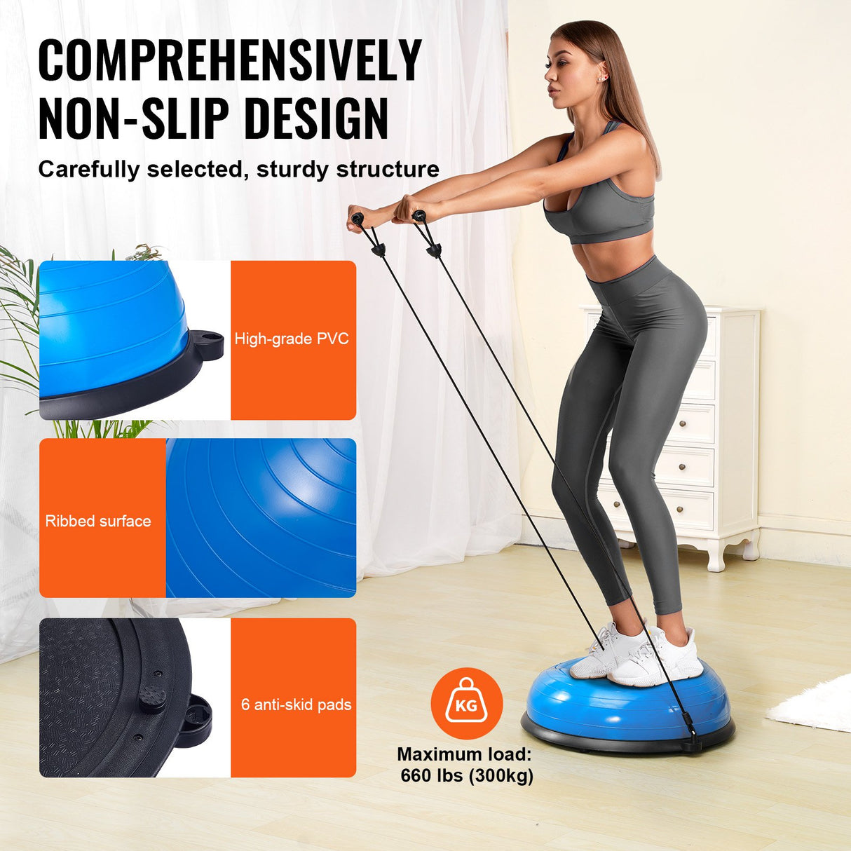 VEVOR Half Exercise Ball Trainer, 23 inch Balance Ball Trainer, 660lbs Capacity Stability Ball, Yoga Ball with Resistance Bands & Foot Pump, Strength
