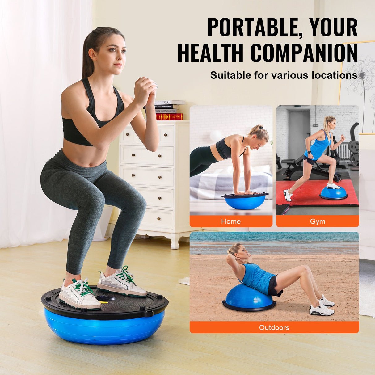 VEVOR Half Exercise Ball Trainer, 23 inch Balance Ball Trainer, 660lbs Capacity Stability Ball, Yoga Ball with Resistance Bands & Foot Pump, Strength