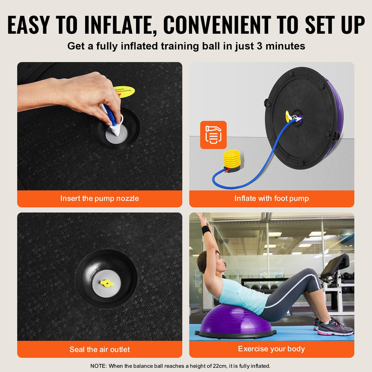 VEVOR Half Exercise Ball Trainer, 23 inch Balance Ball Trainer, 660lbs Stability Ball, Yoga Ball with Resistance Bands & Foot Pump, Strength Fitness